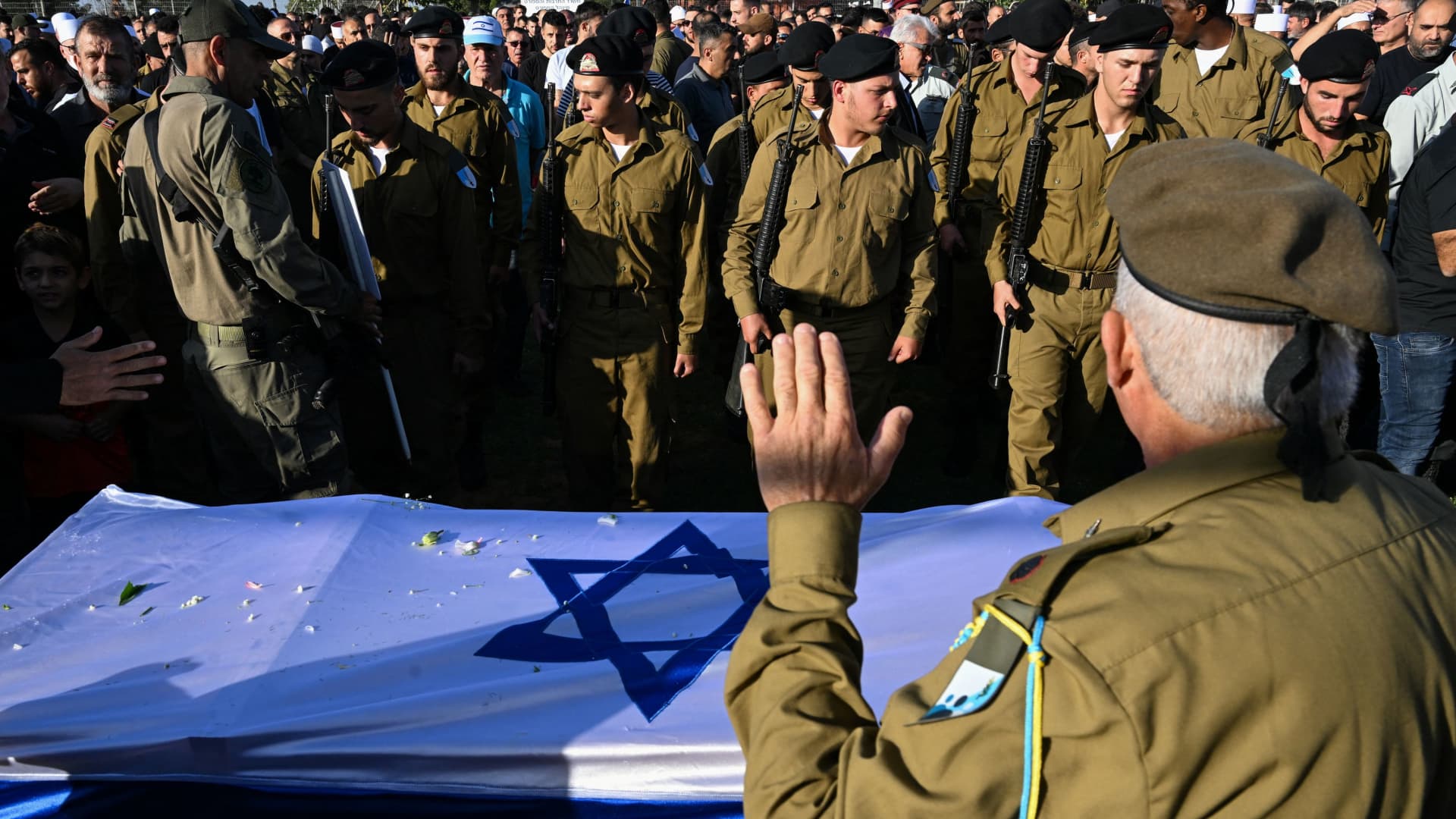 Friends and family attend the funeral of an Israeli soldier, Salman Habaka, from Israel's Druze minority, who was killed in the Gaza Strip, amid the ongoing ground operation of the Israeli army against Palestinian Islamist group Hamas, in Yanuh Jat, Israel November 3, 2023.