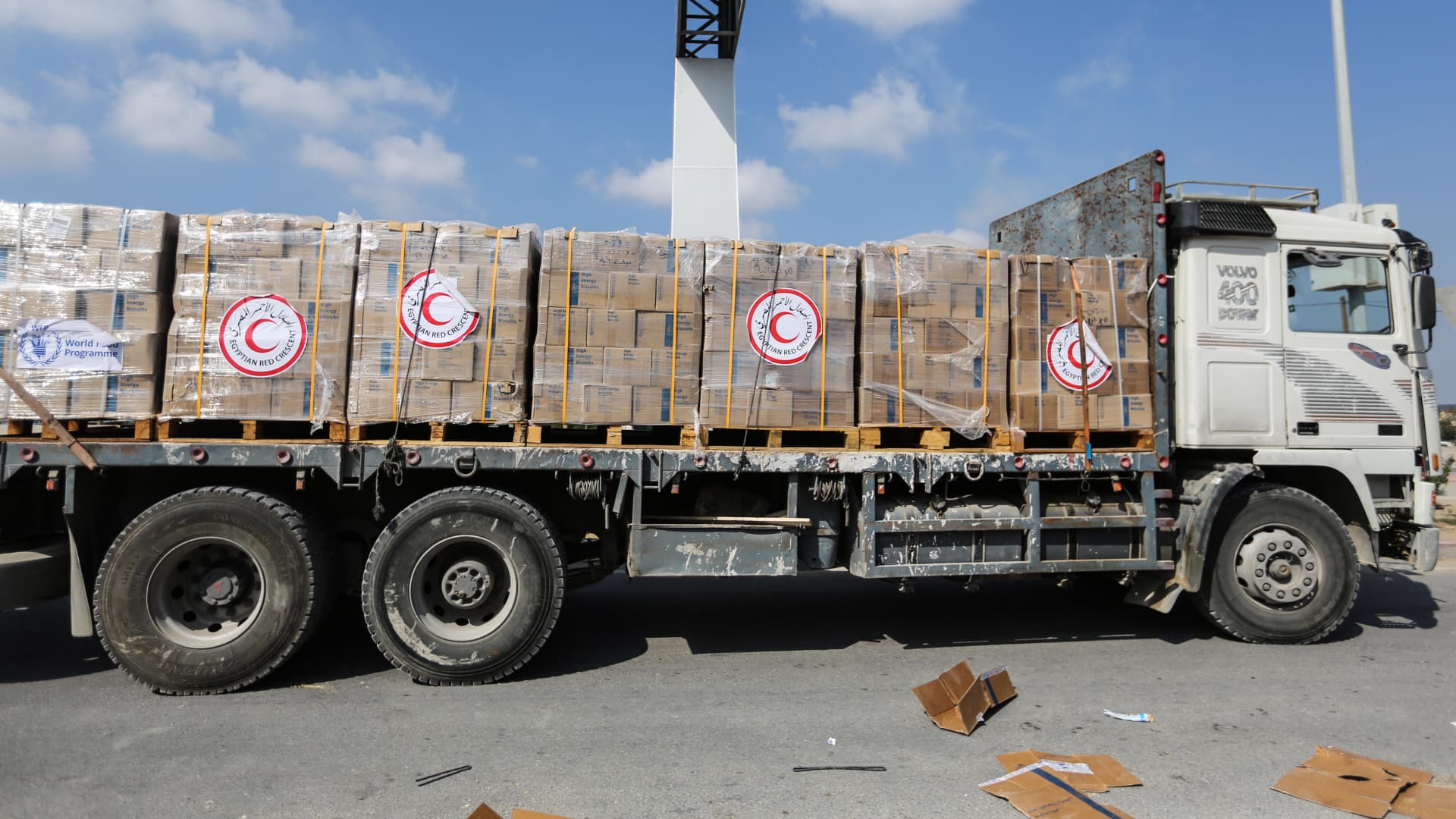 Trucks carrying aid enter through the Rafah crossing on November 2, 2023 in Rafah, Gaza.