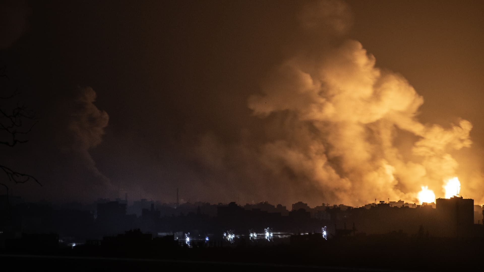 Smoke and flames rise in Gaza, as seen from Israel's Sderot city as Israeli airstrikes continue on Nov. 5, 2023.