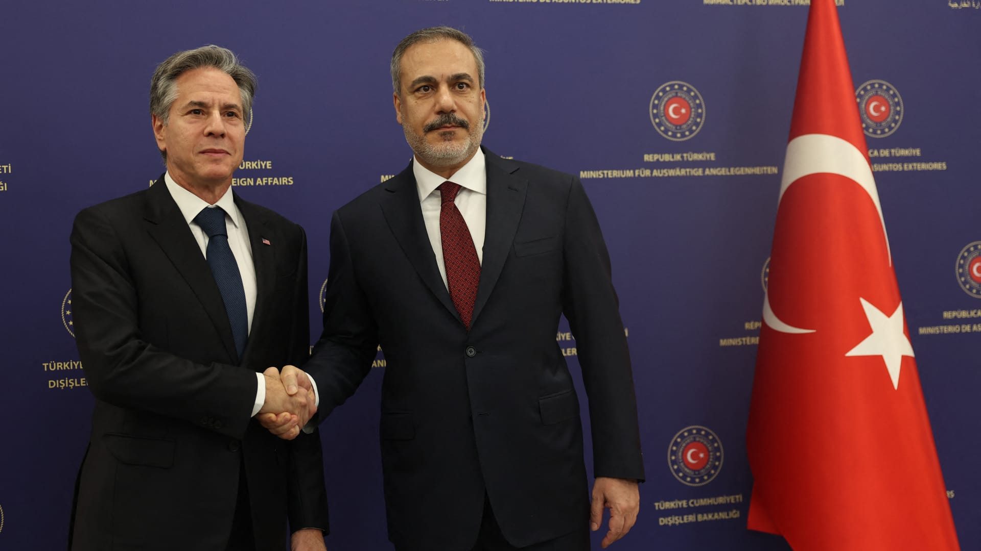 Turkish Foreign Minister Hakan Fidan (R) meets with United States Secretary of State Antony Blinken (L) in Ankara, Turkiye on November 06, 2023.