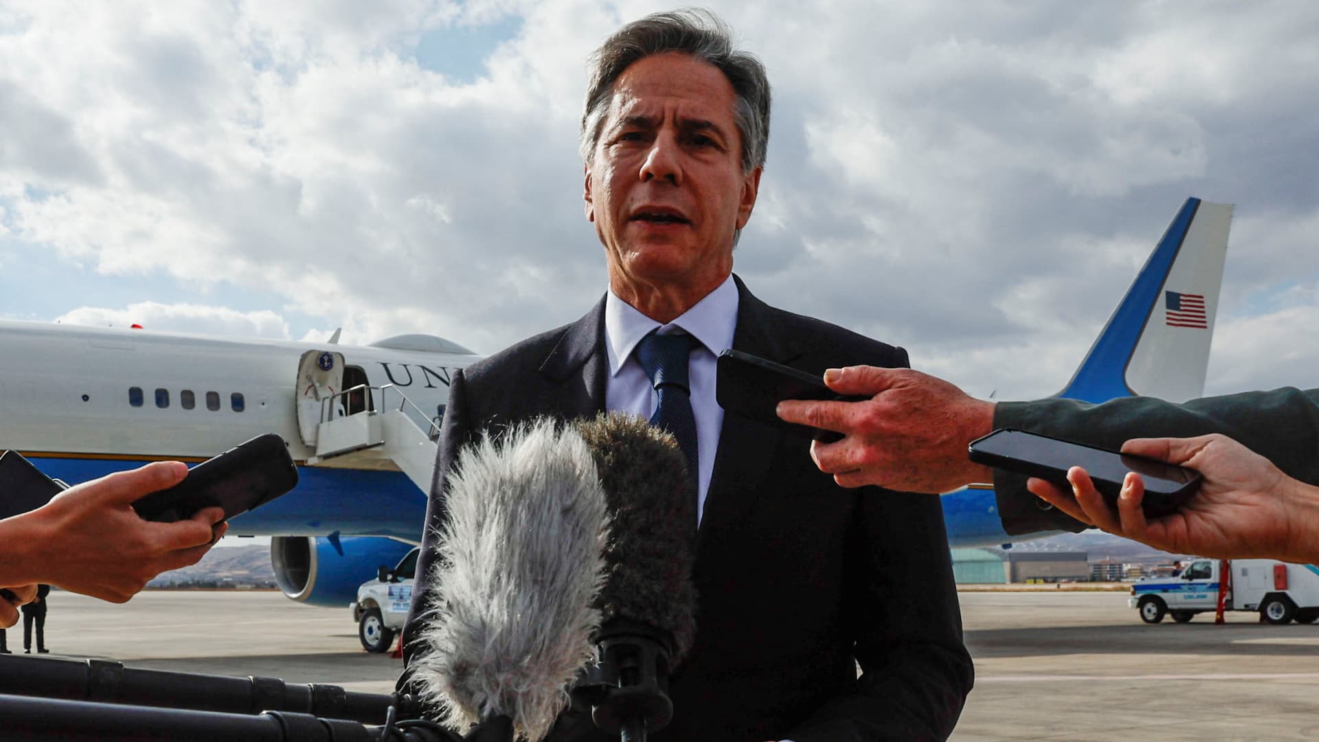 U.S. Secretary of State Antony Blinken speaks to the media about his meetings with Turkish counterparts, amid the ongoing conflict between Israel and the Palestinian Islamist group Hamas, before departing from Ankara Esenboga Airport in Ankara, Turkey November 6, 2023. 