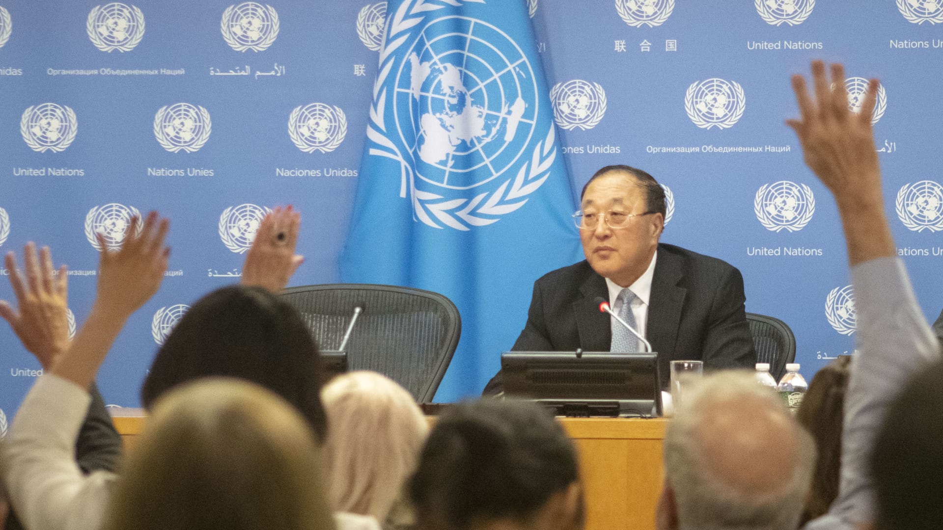 Chinese United Nations Ambassador Zhang Jun attends a news briefing at the U.N. headquarters on November 1, 2023 in New York City.