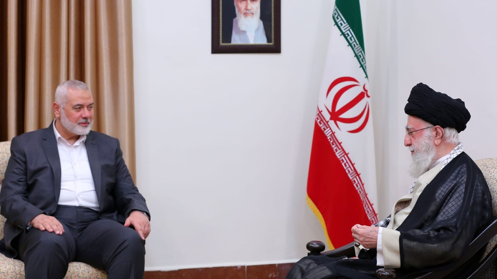 Iranian Supreme Leader Ali Khamenei meets Chairman of the Hamas Political Bureau, Ismail Haniyeh in Tehran, Iran on November 5, 2023.