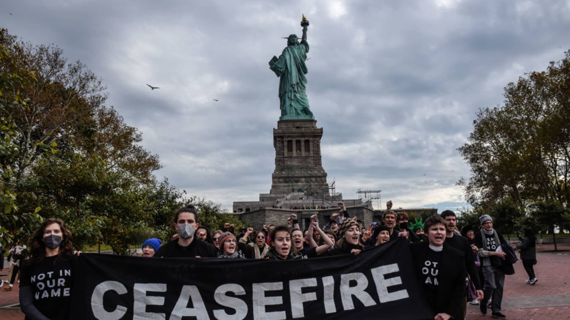 Activists from Jewish Voice for Peace occupy the pedestal of the Statue of Liberty on November 6, 2023 in New York City. 