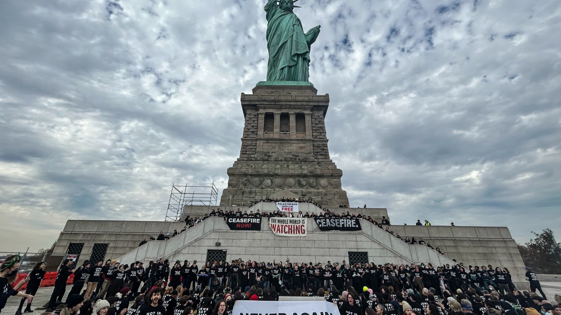 Activists from Jewish Voice for Peace occupy the pedestal of the Statue of Liberty on November 6, 2023 in New York City. 