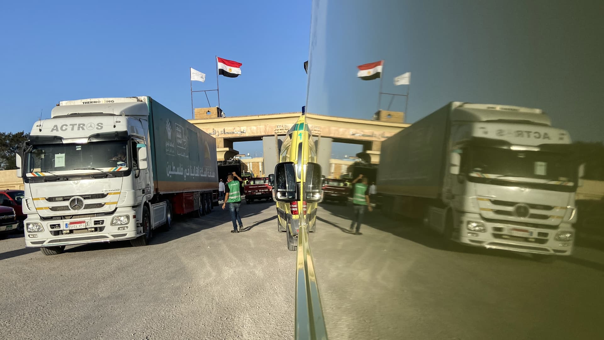 Aid convoy truck seen at Rafah border after offloading the aid in Gaza on November 6, 2023 in Rafah, Egypt.