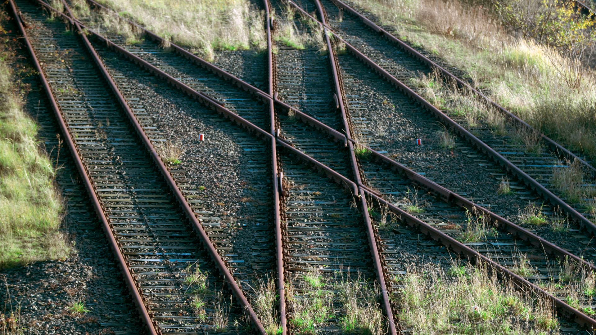 12 November 2019, Mecklenburg-Western Pomerania, Sassnitz: Grass and weeds grow on the tracks of the Russian broad gauge in the port of Mukran. The wide-gauge network built in the GDR era was used for loading and unloading railway ferries with Russian freight wagons. The port on Rügen is now to become part of the Chinese Silk Road Initiative. For the first time on the entire route between Germany and China, part of the journey will be by sea between the ports of Mukran and Baltysk in the Kaliningrad region. A ship with the first 41 containers of a test train, which had started at the beginning of November in Xi'an in central China, was unloaded in Mukran. Photo: Jens Büttner/dpa-Zentralbild/ZB (Photo by Jens Büttner/picture alliance via Getty Images)