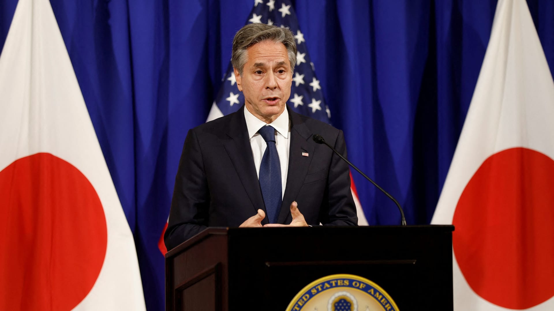 U.S. Secretary of State Antony Blinken speaks during a press conference after participating in G7 ministerial meetings in Tokyo, Japan, November 8, 2023. 