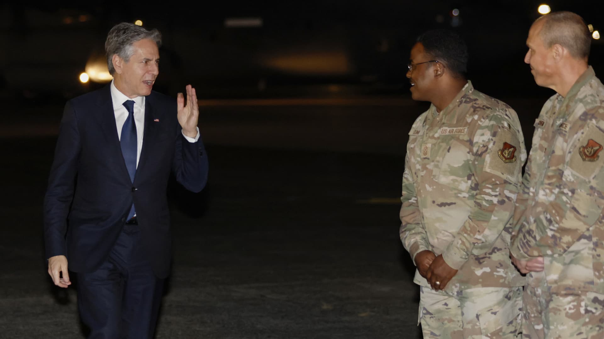 US Secretary of State Antony Blinken gestures before boarding a plane to depart Yokota Air Base, after participating in the G7 foreign ministers' meetings in Tokyo on November 8, 2023.
