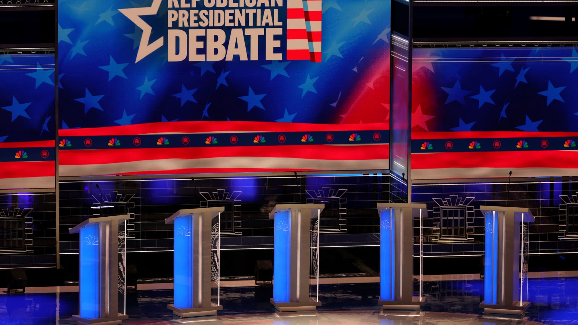 The stage is pictured during a media walkthrough ahead of the 3rd Republican presidential debate which will be held November 8 by NBC News in Miami, Florida, U.S., November 7, 2023. 