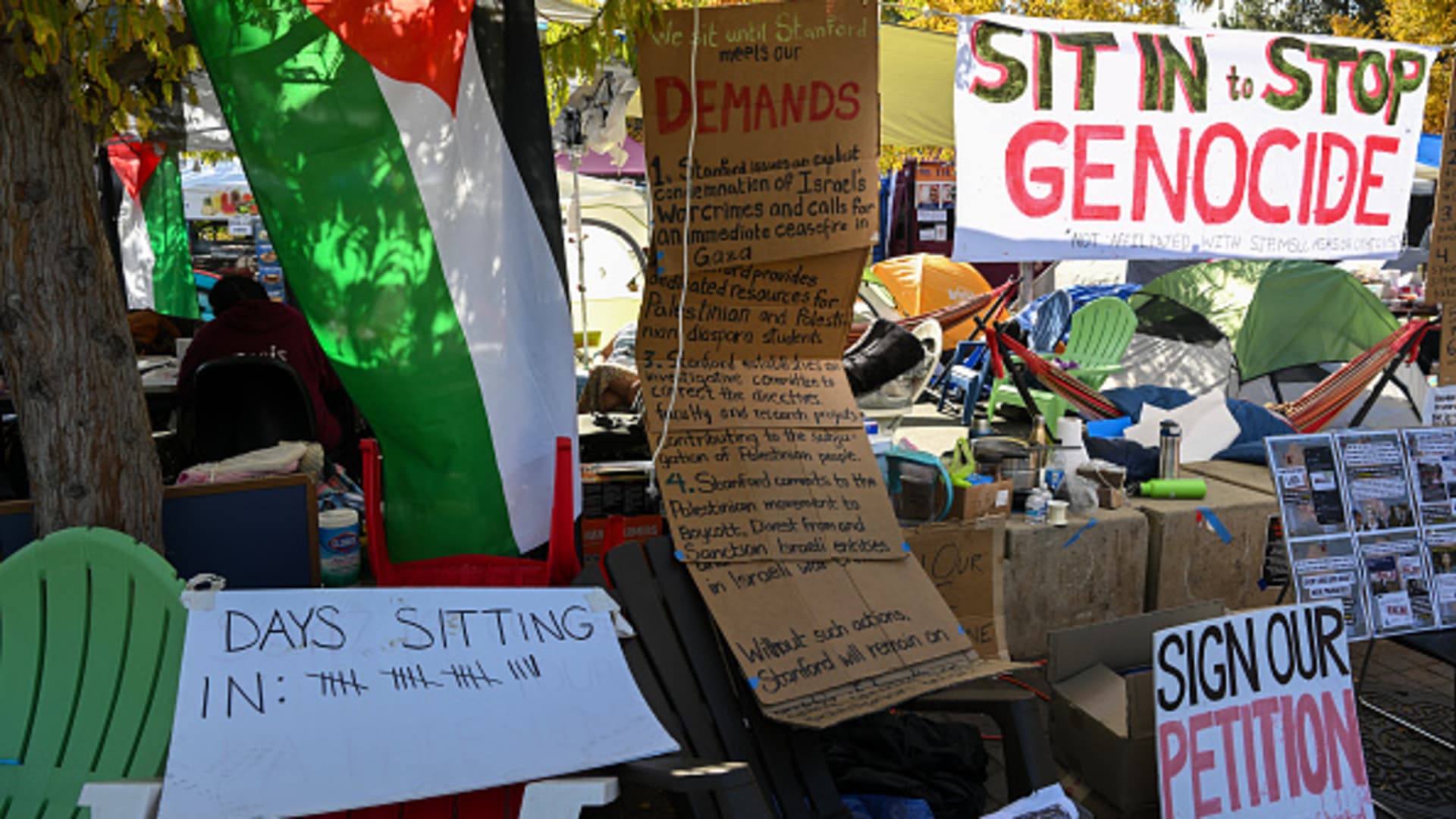 A view of encampment of students who have been sit-in on campus for 19 days at any given time and say they plan to do so until the university meets their demands, calling for the university to condemn Israeli attacks on Gaza, at White Plaza of Stanford University in Stanford, California, United States on November 7, 2023.