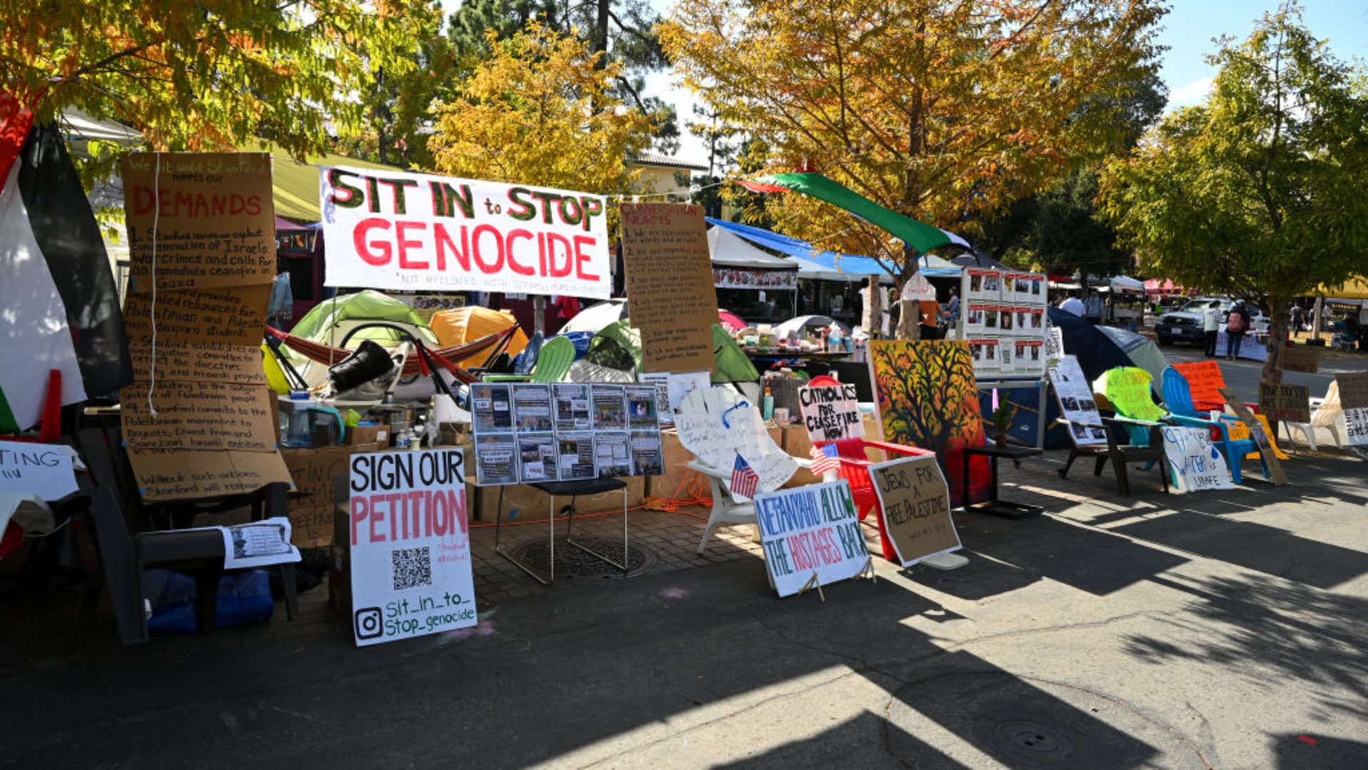A view of encampment of students who have been sit-in on campus for 19 days at any given time and say they plan to do so until the university meets their demands, calling for the university to condemn Israeli attacks on Gaza, at White Plaza of Stanford University in Stanford, California, United States on November 7, 2023.