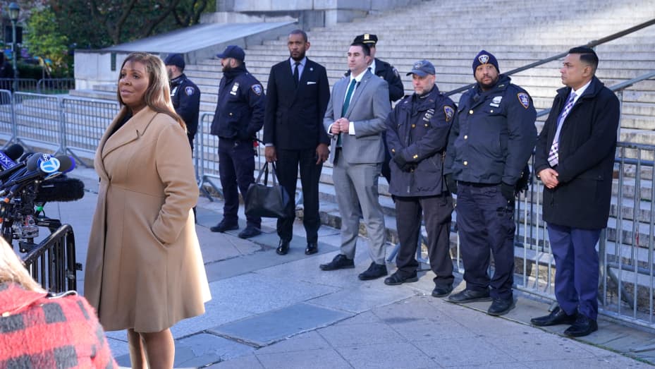 New York State Attorney General Letitia James speaks to the press as she arrives for the Trump Organization civil fraud trial and testimony by Ivanka Trump, daughter of former US President Donald Trump, at the New York State Supreme Court in New York City on November 8, 2023. The former president's daughter left the Trump Organization in 2017 to become a White House advisor and is not a codefendant in the case. Trump, his sons Don Jr and Eric, and other Trump Organization executives are accused of exaggerat