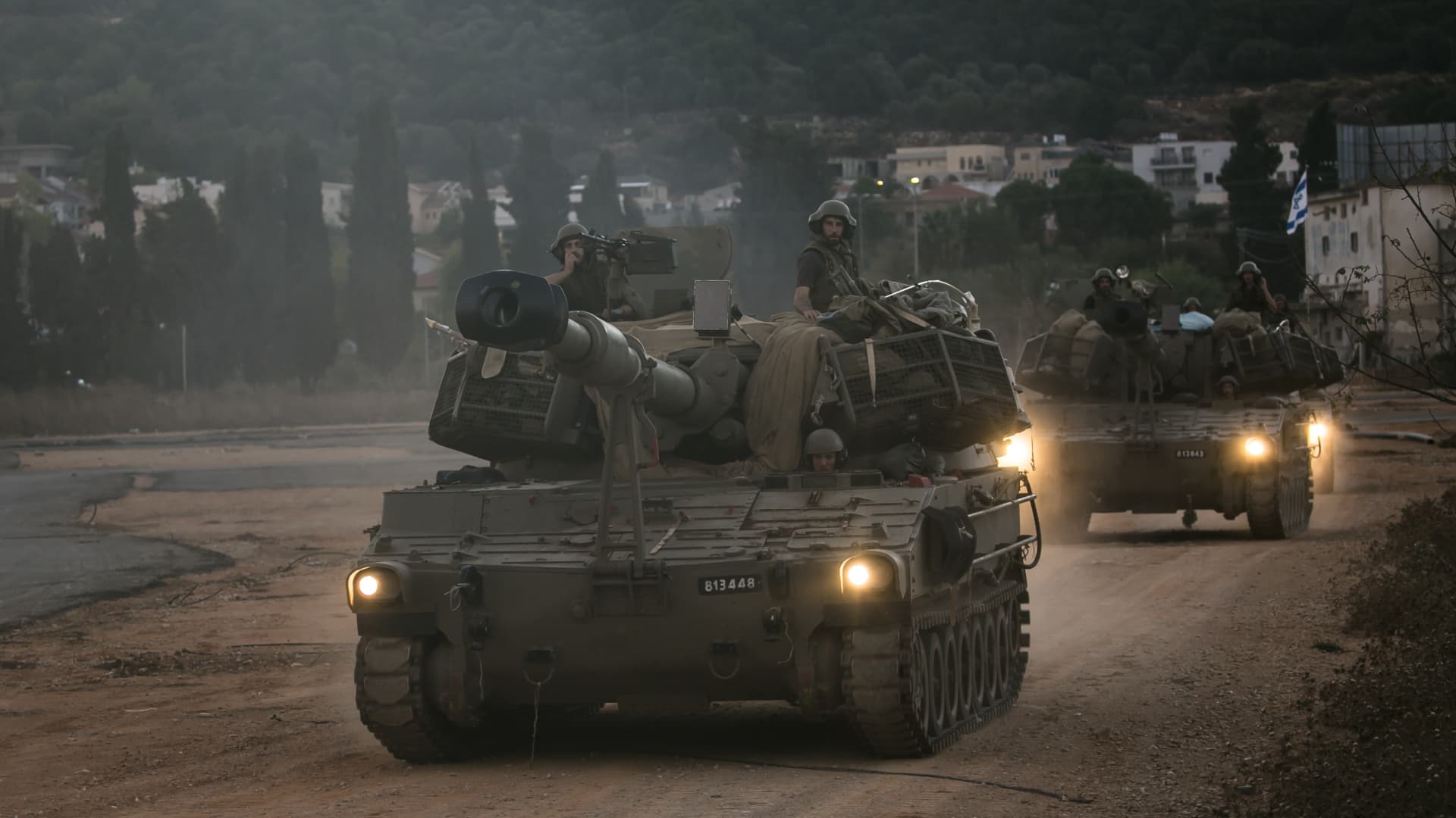 An artillery unit moves near the Israeli northern border with Lebanon on November 8, 2023 in Tel Aviv, Israel. 