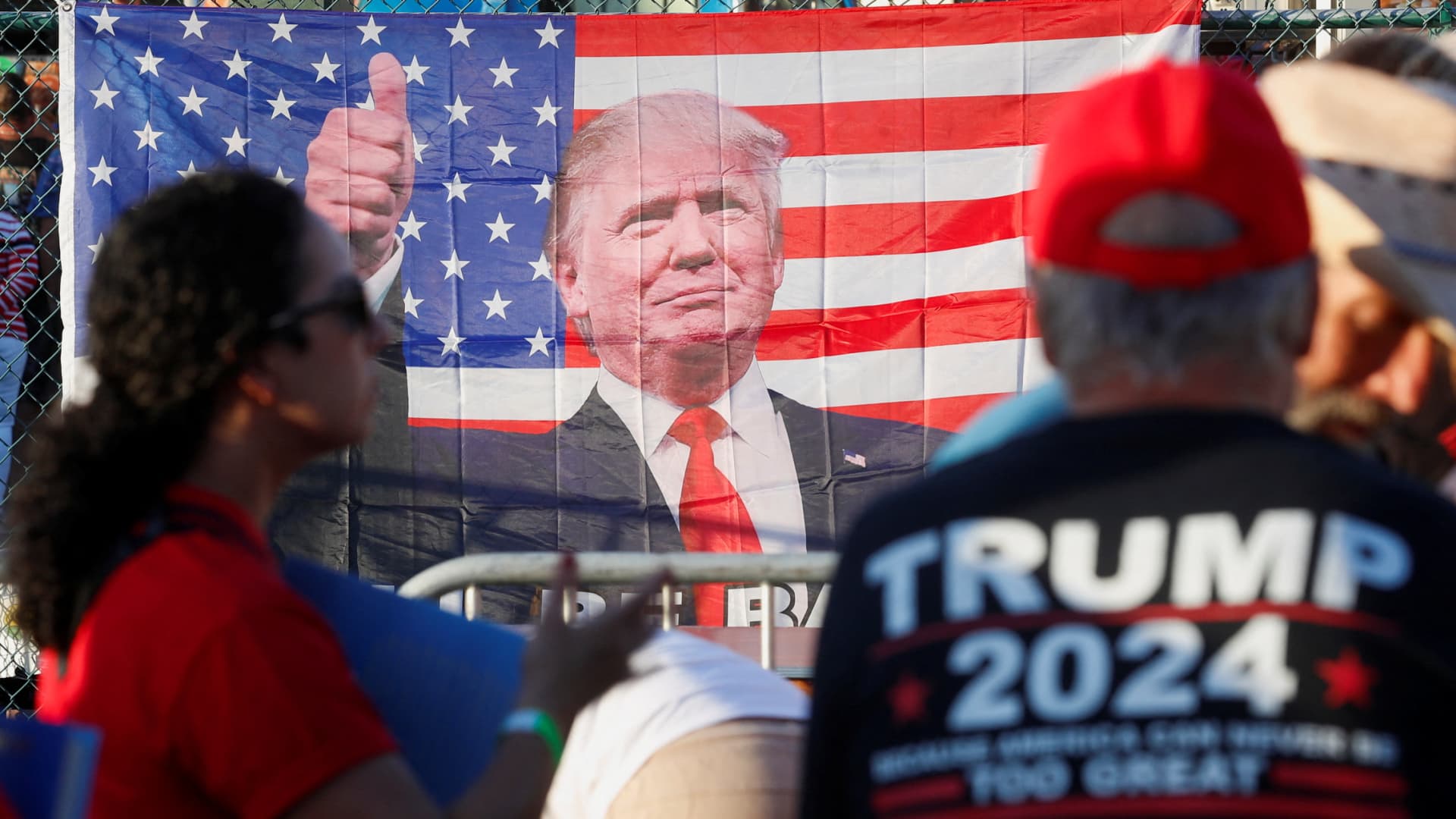 A view of a U.S. flag with an image of Republican presidential candidate and former U.S. President Donald Trump on it at the Ted Hendricks Stadium ahead of Trump's campaign event in Hialeah, Florida, U.S. November 8, 2023. 