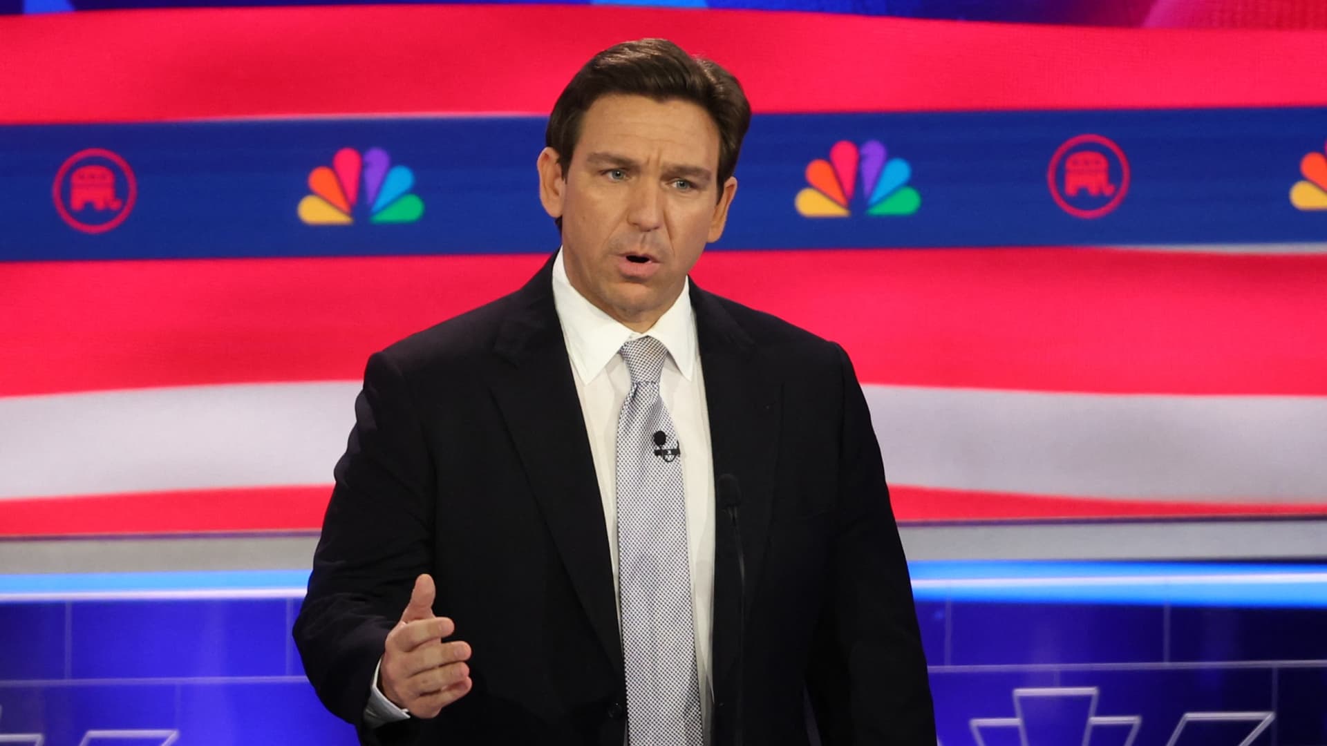 Florida Governor Ron DeSantis speaks at the third Republican candidates' U.S. presidential debate of the 2024 U.S. presidential campaign hosted by NBC News at the Adrienne Arsht Center for the Performing Arts in Miami, Florida, U.S., November 8, 2023. 