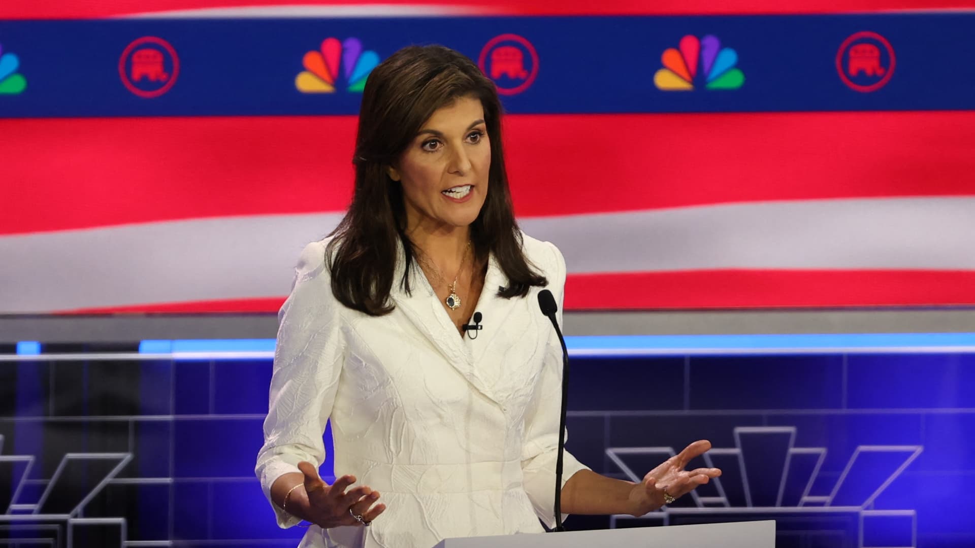 Former South Carolina Governor Nikki Haley speaks at the third Republican candidates' U.S. presidential debate of the 2024 U.S. presidential campaign hosted by NBC News at the Adrienne Arsht Center for the Performing Arts in Miami, Florida, U.S., November 8, 2023. 