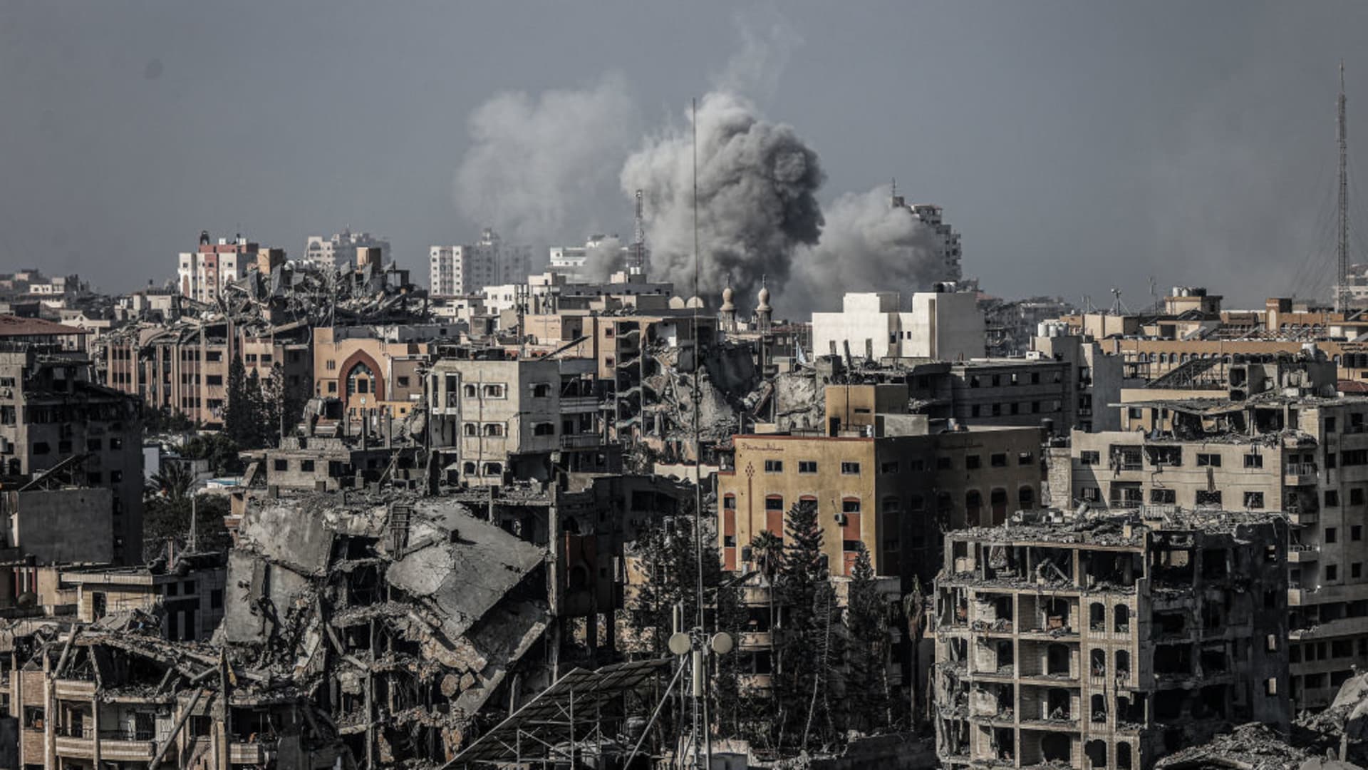 Smoke rises following an Israeli airstrike in the Tel al-Hawa neighborhood of Gaza City on Nov. 09, 2023. 