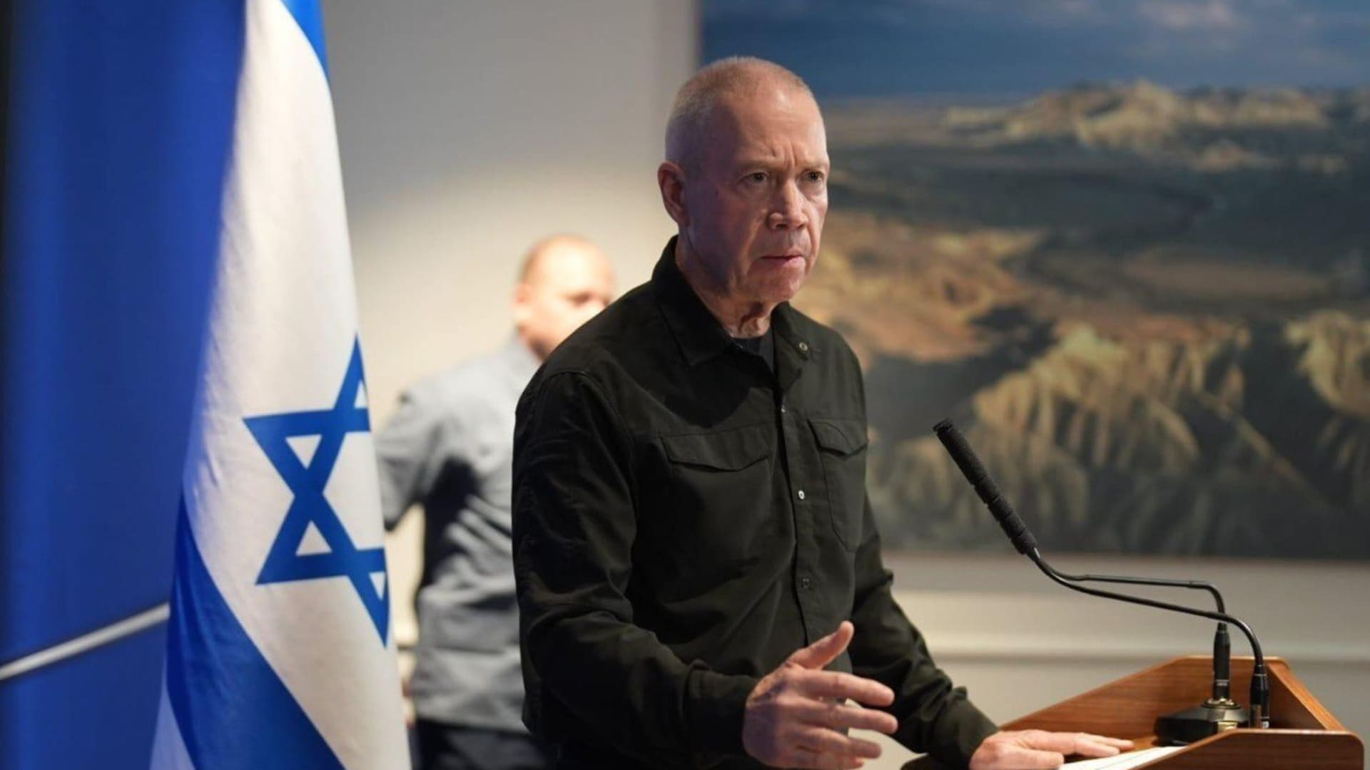 Israeli Defense Minister Yoav Gallant speak during a press conference in Tel Aviv, Israel on October 25, 2023.