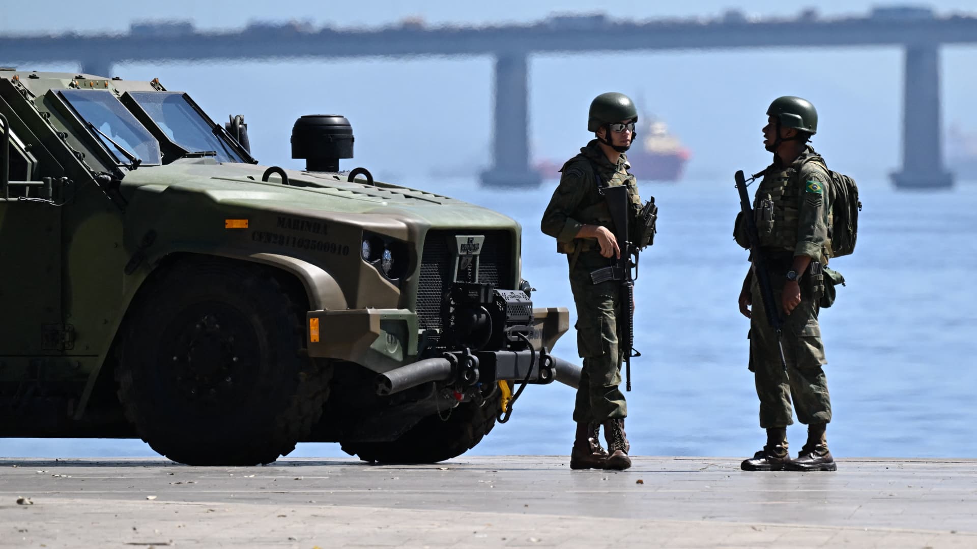 Members of the Brazilian Navy guard an access to the Rio de Janeiro's port at the city center of Rio de Janeiro, Brazil on November 9, 2023.