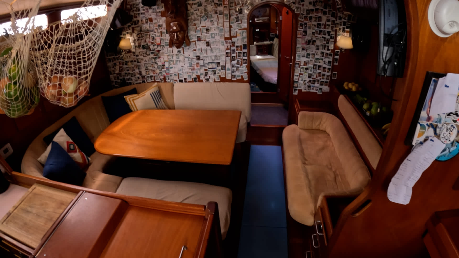 The sailboat has three cabins and two bathrooms onboard.