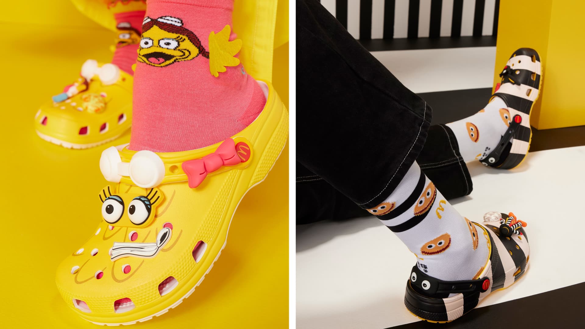 McDonald's x Crocs designs inspired by Birdie and the Hamburglar.