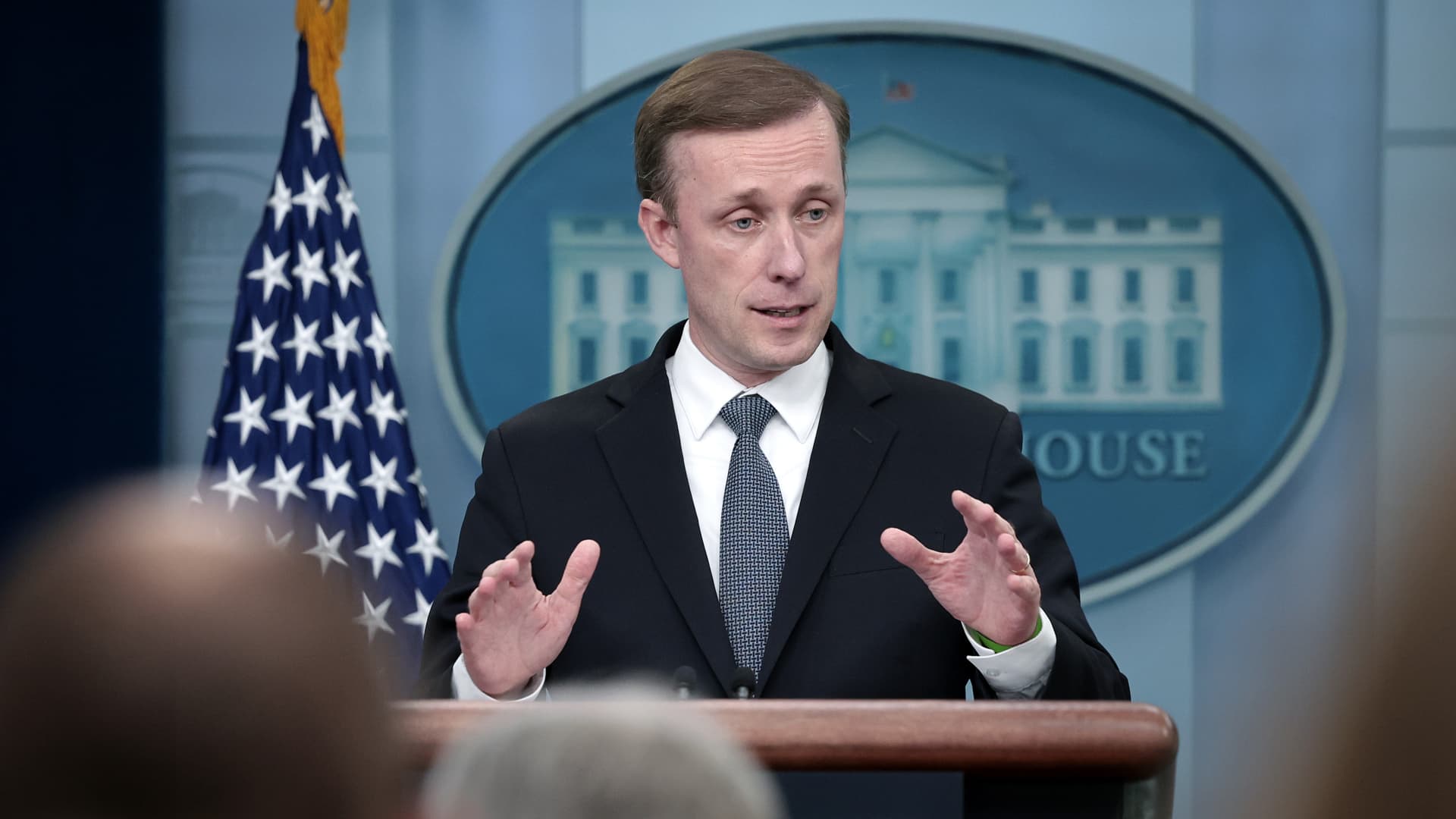 U.S. National Security Advisor Jake Sullivan answers questions during the daily briefing at the White House on November 13, 2023 in Washington, DC. 