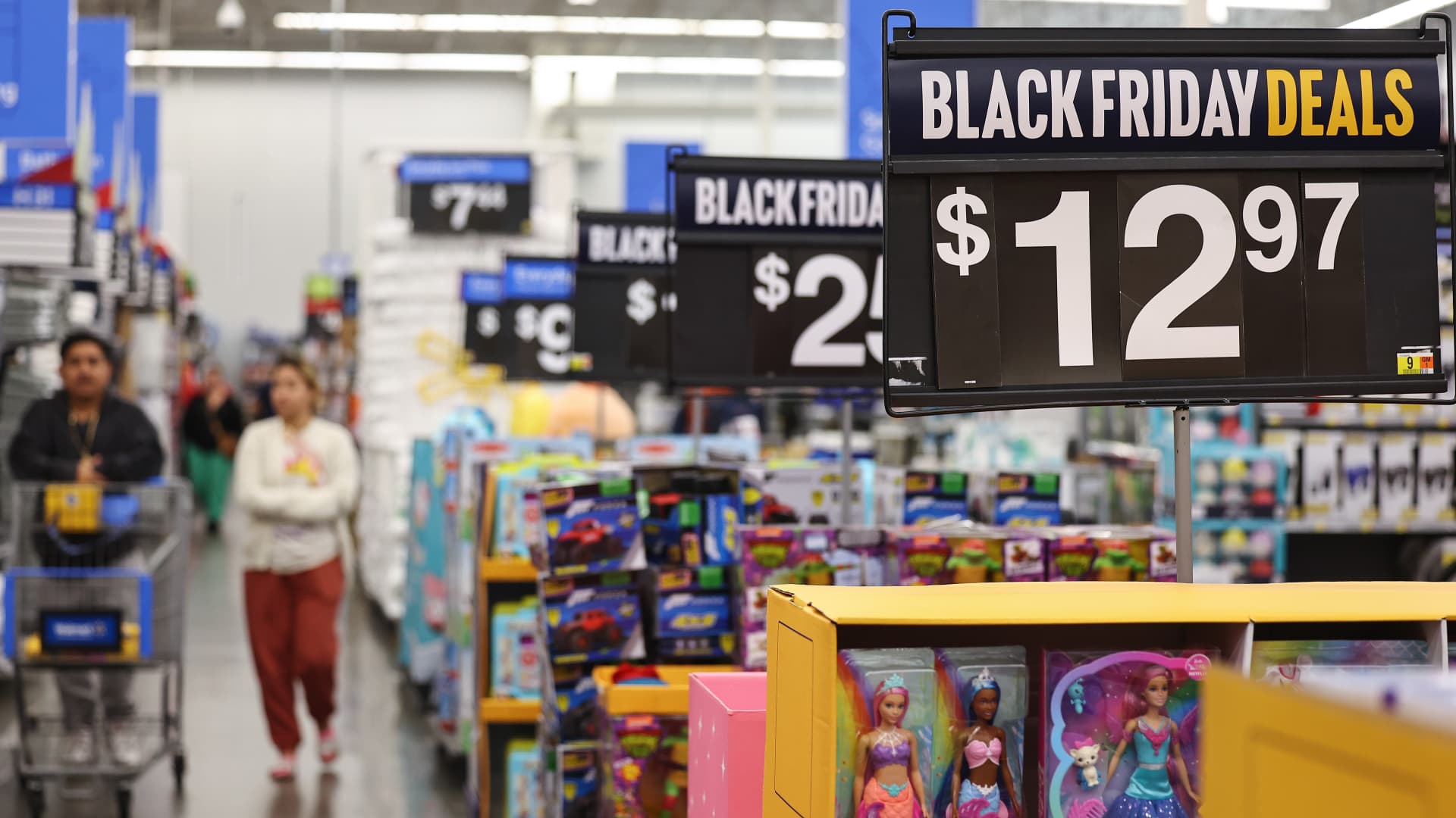 Barbie dolls (R) are displayed for sale ahead of Black Friday at a Walmart Supercenter on November 14, 2023 in Burbank, California. 