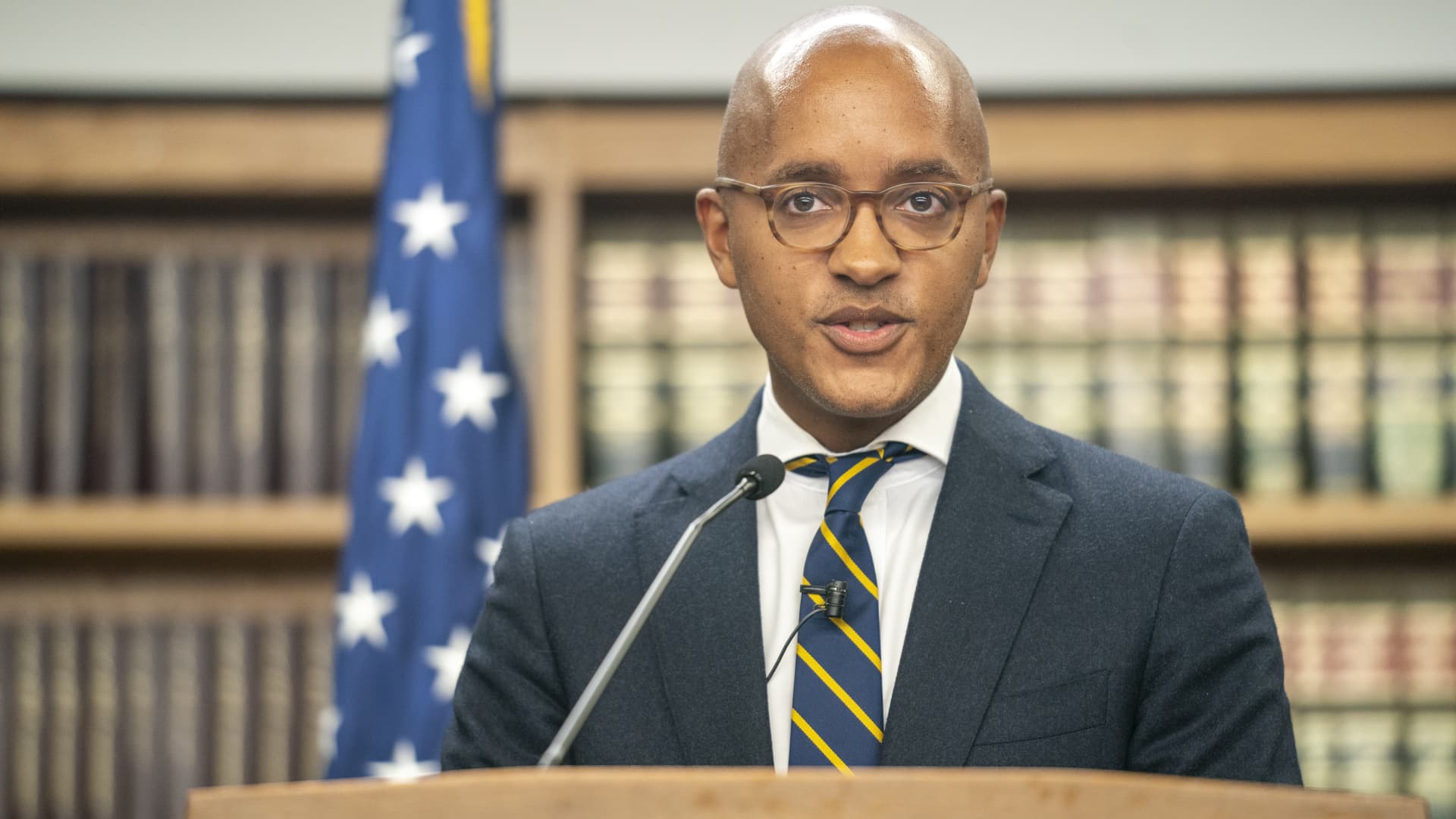 Damian Williams, U.S. Attorney for the Southern District of New York, speaks during a press conference in New York City, Sept. 22, 2023.