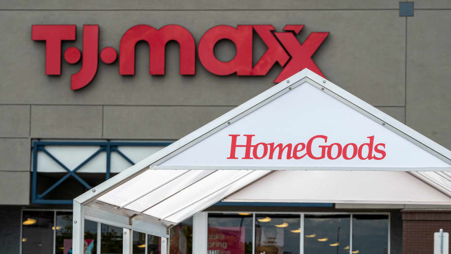 A HomeGoods shopping cart area in front of a T.J. Maxx store in Pinole, California, US, on Wednesday, May 3, 2023.