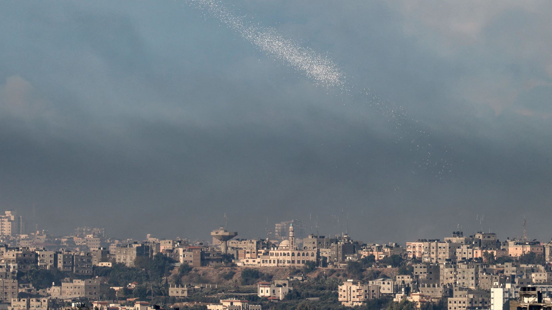 Leaflets are dropped by the Israeli army over Gaza City telling people to evacuate the area on Nov. 16, 2023 amid the ongoing battles between Israel and the Palestinian militant group Hamas. 