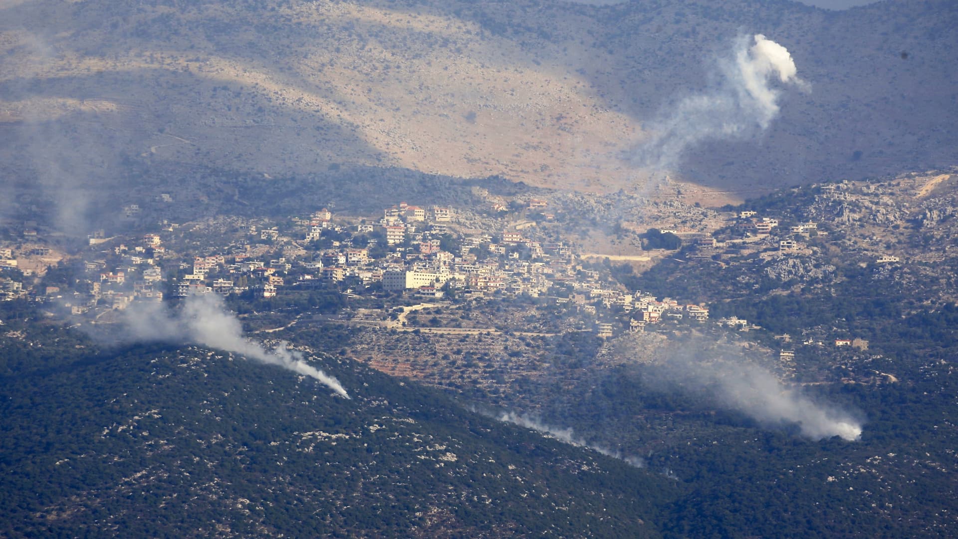 Smoke rises following Israeli artilley shelling on the outskirts of the village of Kfarshuba, along Lebanon's southern border with northern Israel on November 16, 2023, amid the ongoing battles between Israel and the Palestinian group Hamas in the Gaza Strip. 