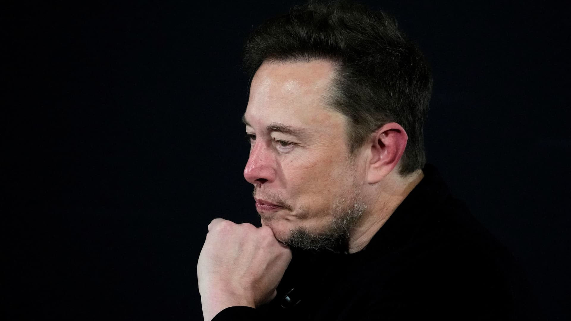 Tesla and SpaceX's CEO Elon Musk reacts during an in-conversation event with British Prime Minister Rishi Sunak in London on Nov. 2, 2023.