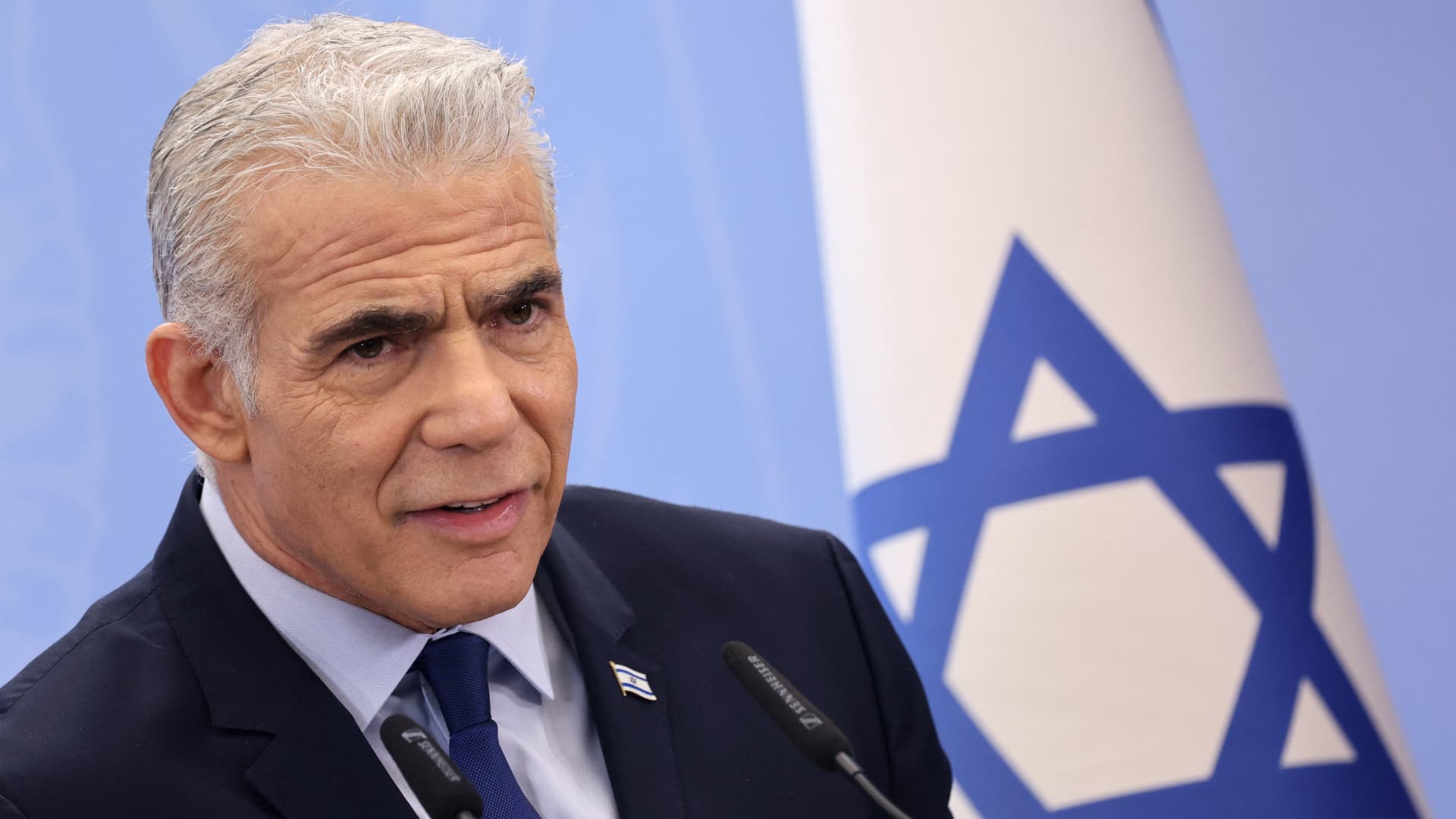 Former Israeli prime minister and opposition leader Yair Lapid holds a press conference on the upcoming state budget, in Tel Aviv on May 16, 2023.