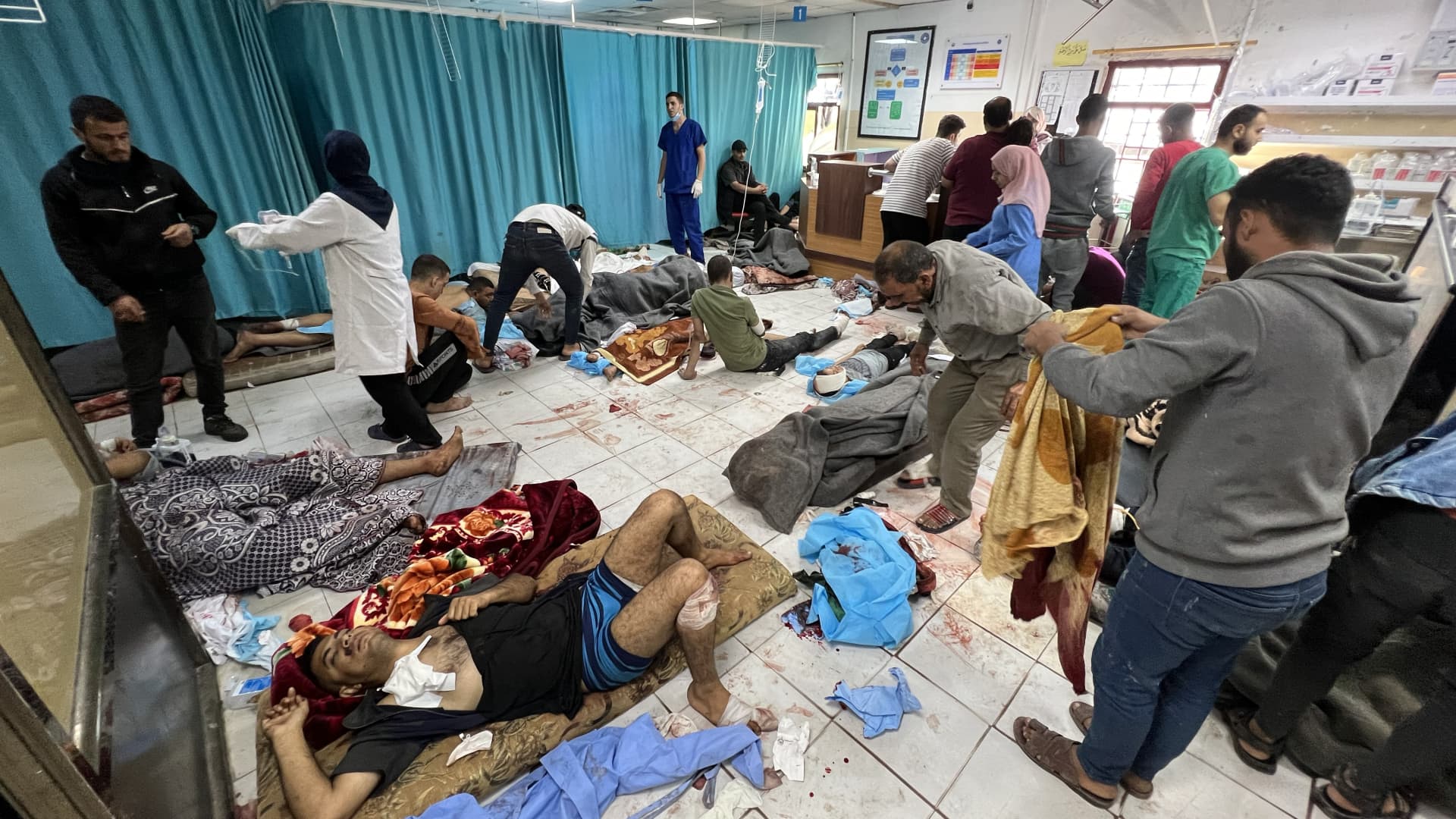 (EDITORS NOTE: Image depicts graphic content) Palestinians are being treated on the floor of the Indonesia Hospital due to lack of beds as Israeli attacks continue on the 41st day in Beit Lahia, Gaza on November 16, 2023. 