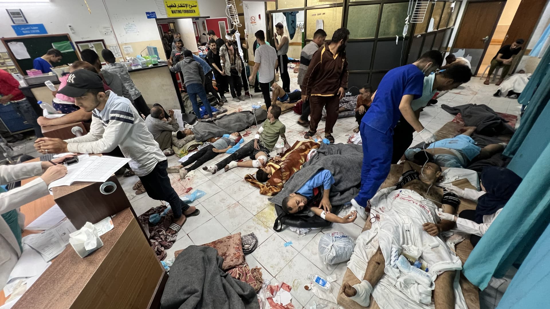 (EDITORS NOTE: Image depicts graphic content) Palestinians are being treated on the floor of the Indonesia Hospital due to lack of beds as Israeli attacks continue on the 41st day in Beit Lahia, Gaza on November 16, 2023. 