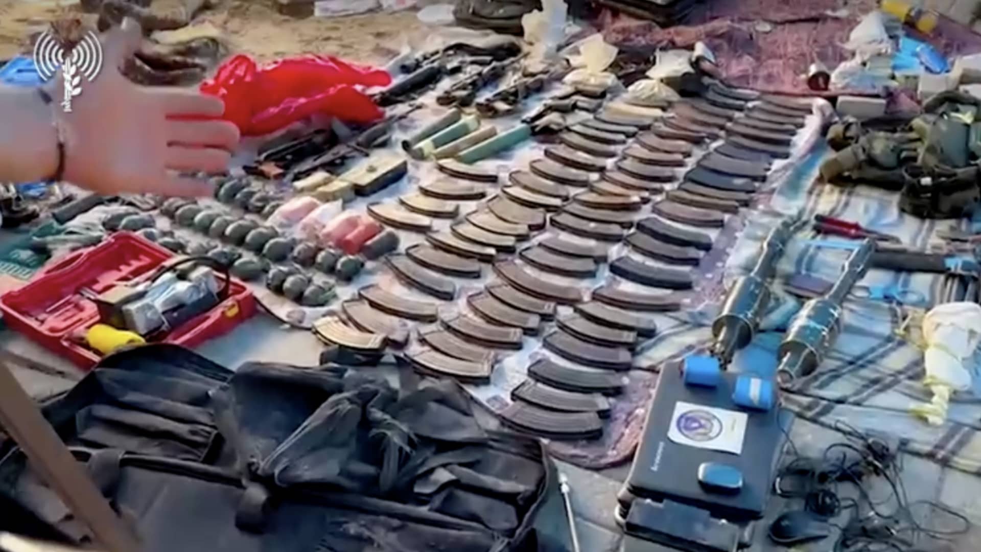 The IDF displays weapons found during a raid at Al-Sharif Hospital in Gaza on Nov. 16th, 2023.