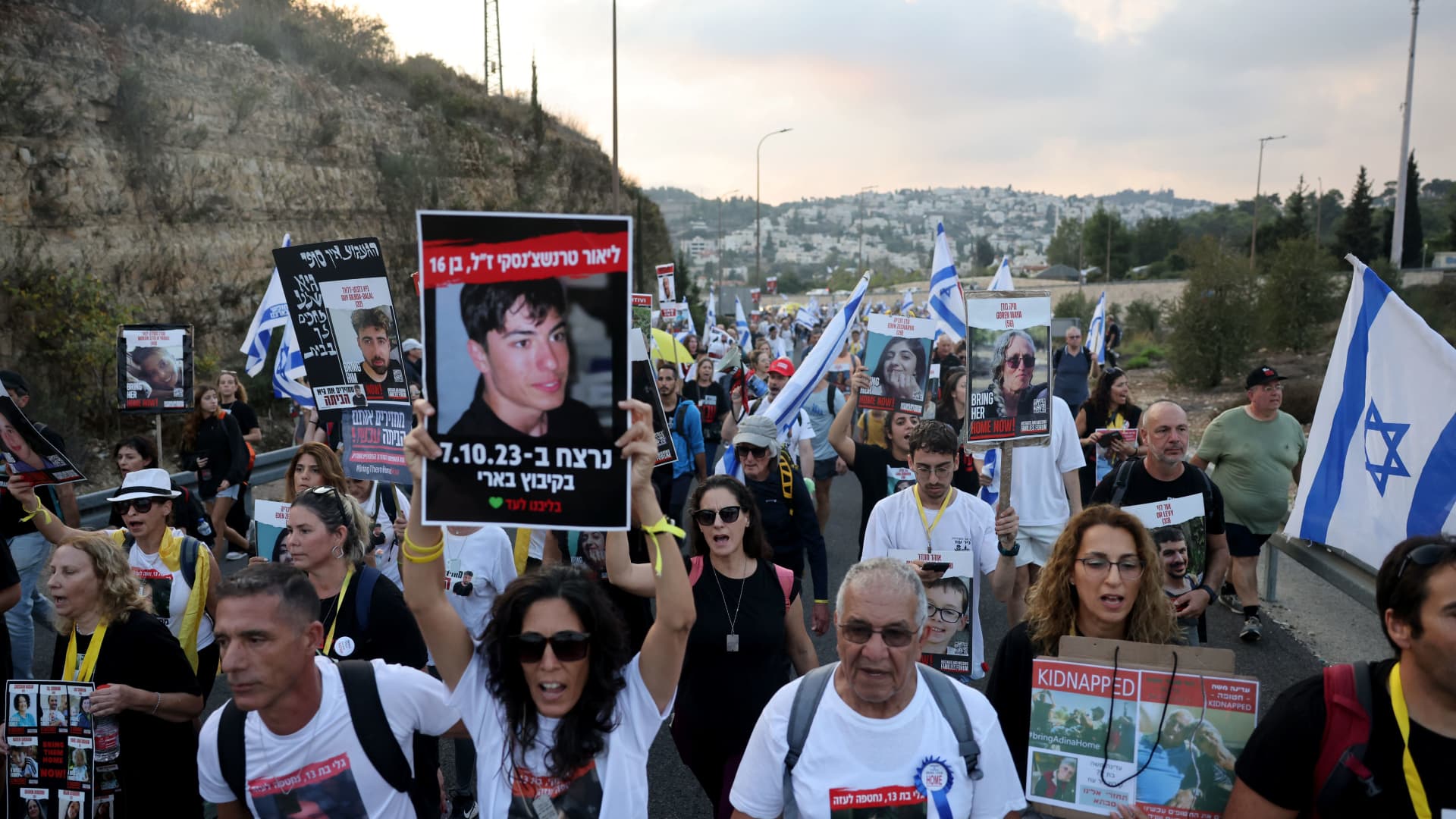 Families of Israeli hostages held by Hamas in Gaza continue their march on the 4th day from Tel Aviv to Knesset in Jerusalem demanding the release of their relatives on November 17, 2023.