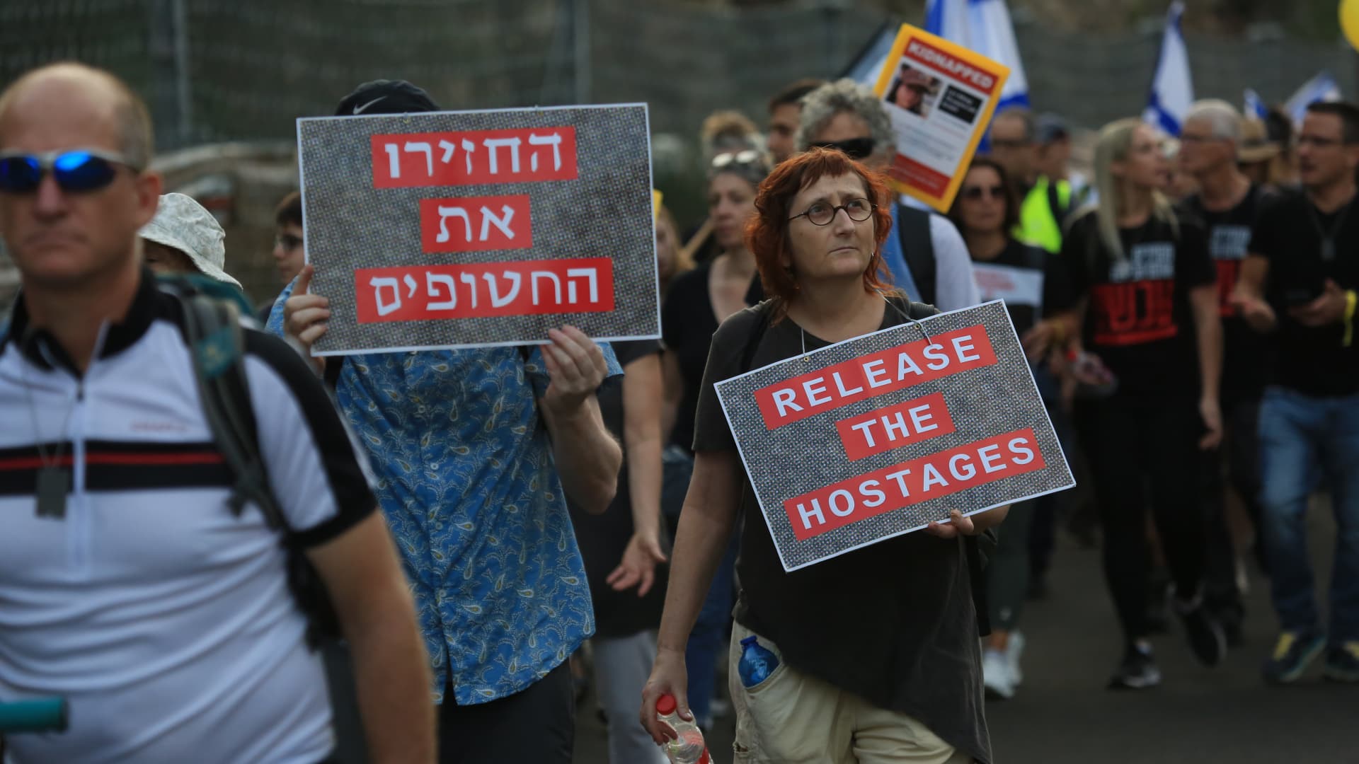 Families of Israeli hostages held by Hamas in Gaza continue their march on the 4th day from Tel Aviv to Knesset in Jerusalem demanding the release of their relatives on November 17, 2023.