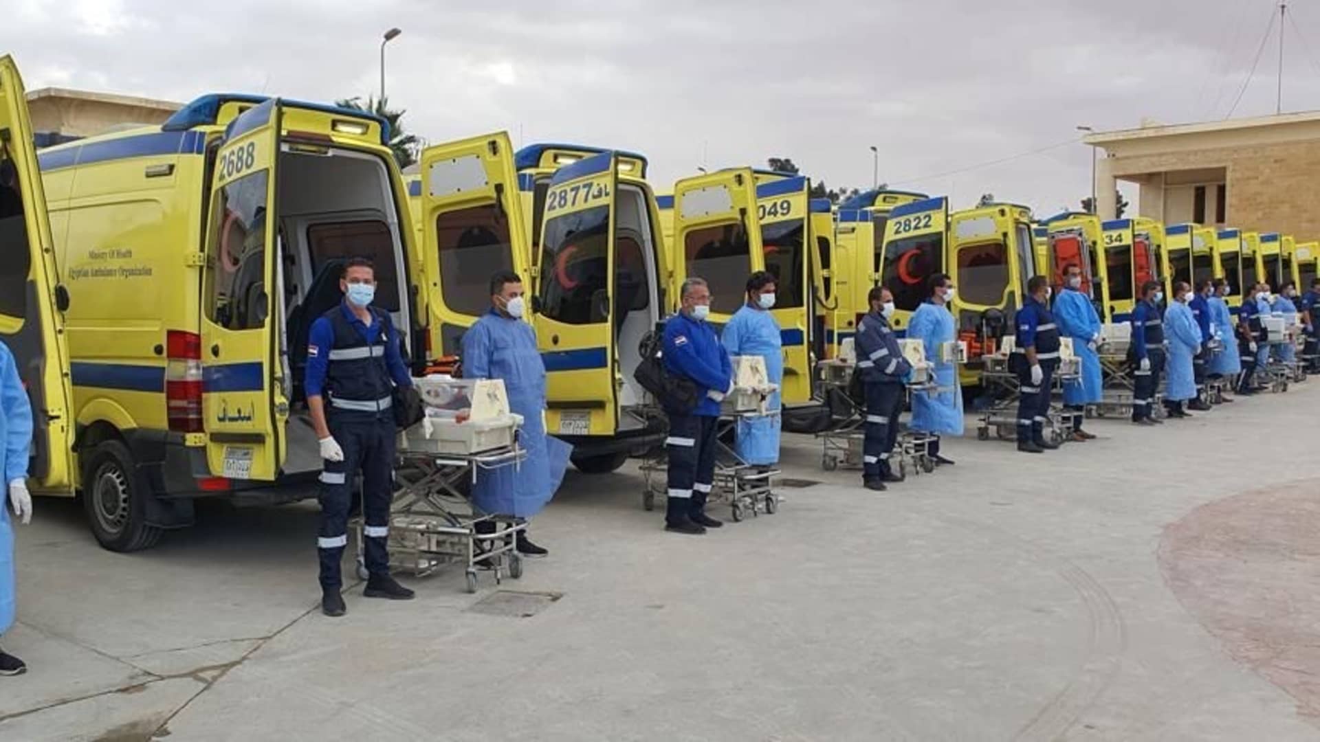 28 of the 31 premature babies, transfer to hospitals to receive treatment after they arrive to Egypt from the Emirati Hospital in the southern Gaza Strip to the with passing Rafah border in Egypt on November 20, 2023.