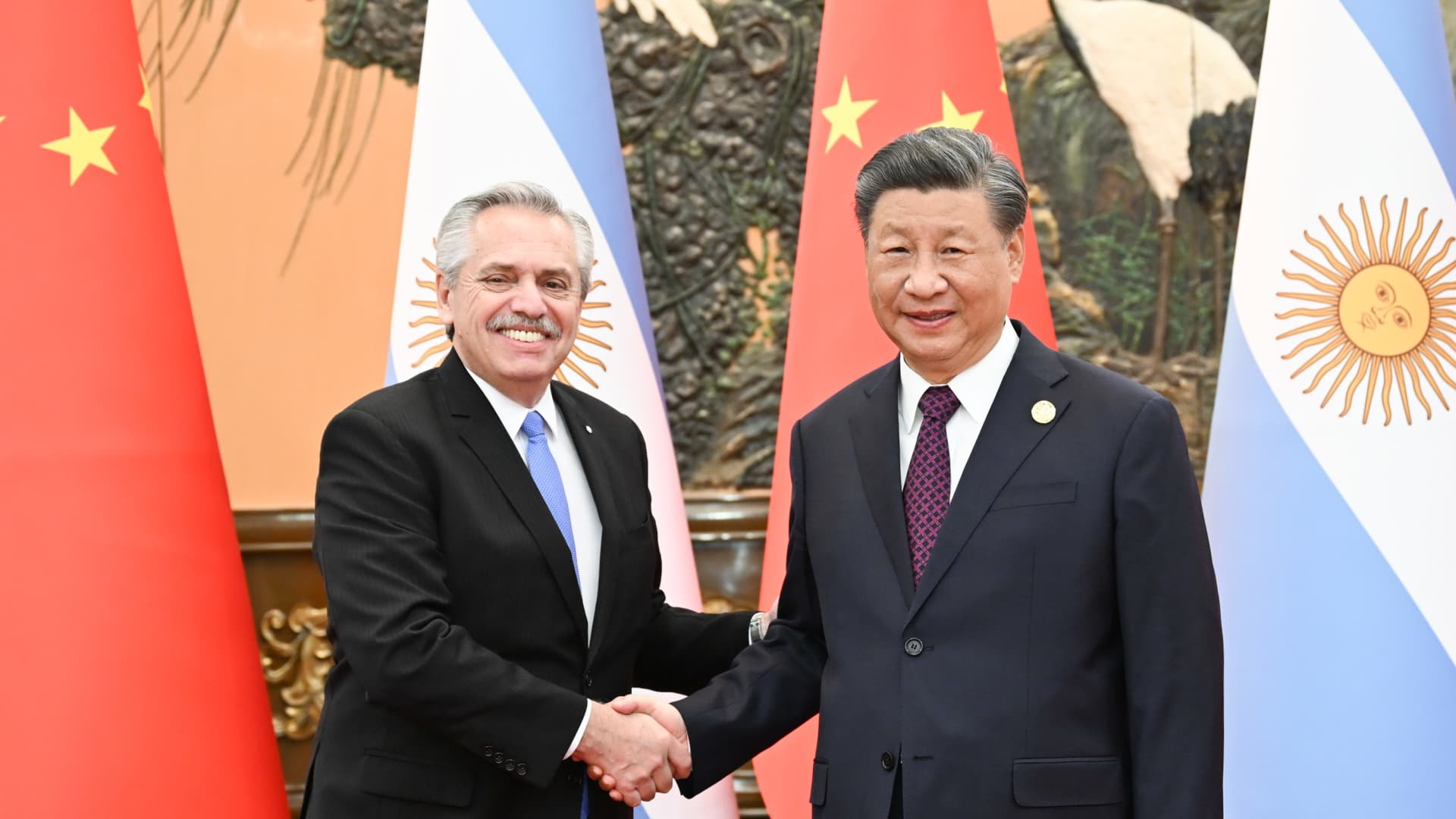Chinese President Xi Jinping meets with Argentine President Alberto Fernandez at the Great Hall of the People in Beijing, capital of China, Oct. 18, 2023. Fernandez is in Beijing for the third Belt and Road Forum for International Cooperation.