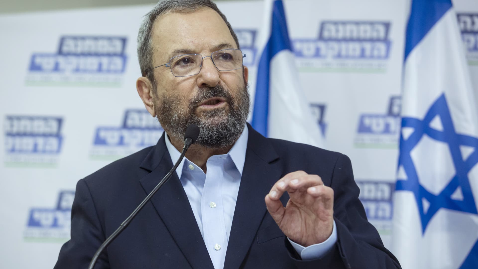 Former Israeli Prime Minister Ehud Barak speaks during a press conference on July 25, 2019 in Tel Aviv, Israel.