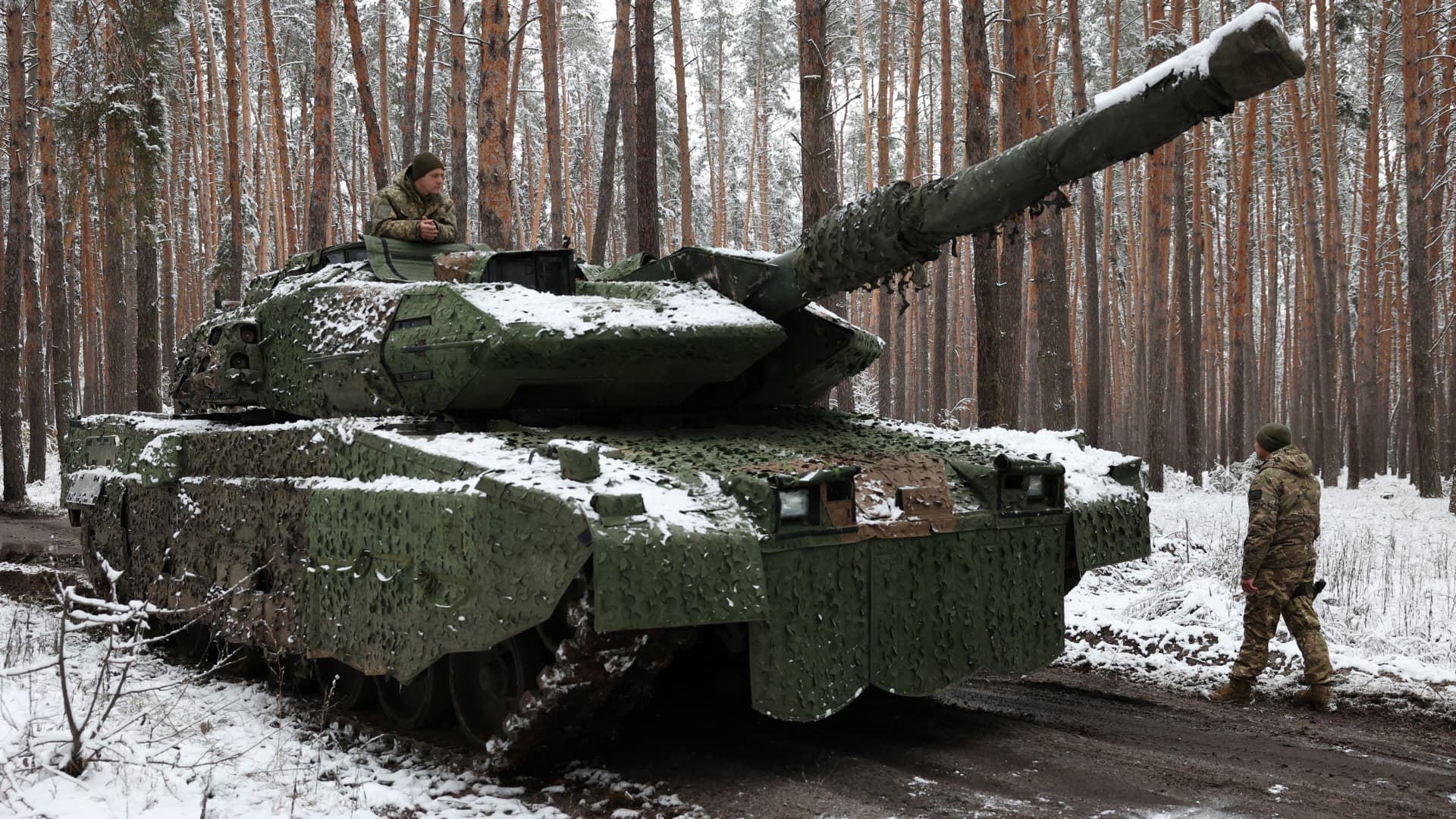 A Ukrainian tank crew member of the 21st Mechanized Brigade in the hatch of a German-made Leopard 2A5 battle tank near the front line in an undisclosed location in the Lyman direction of the Donetsk region, on Nov. 21, 2023.