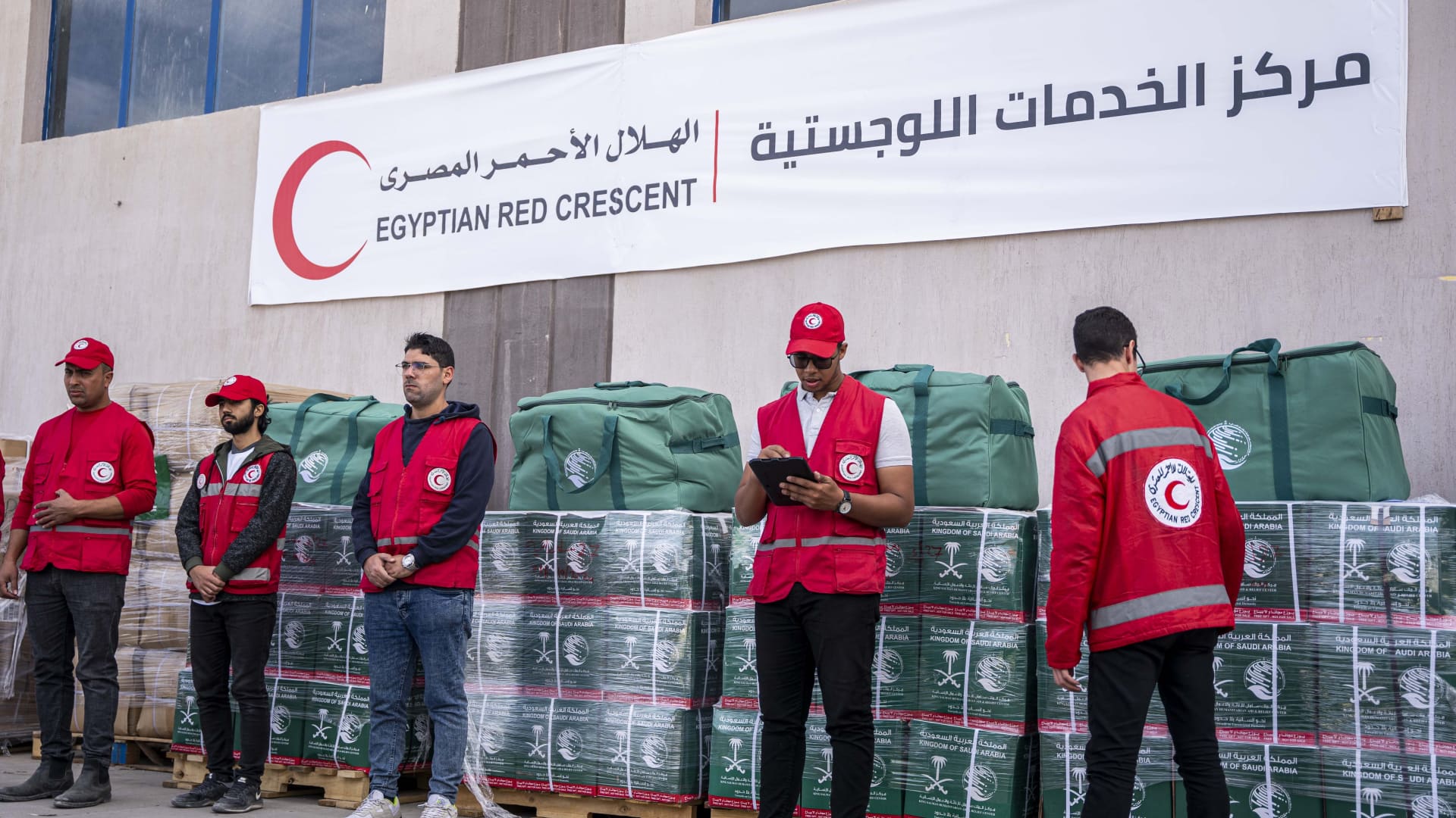 Aid organised by the Egyptian Red Crescent is prepared on November 22, 2023 in Arish, Egypt. 