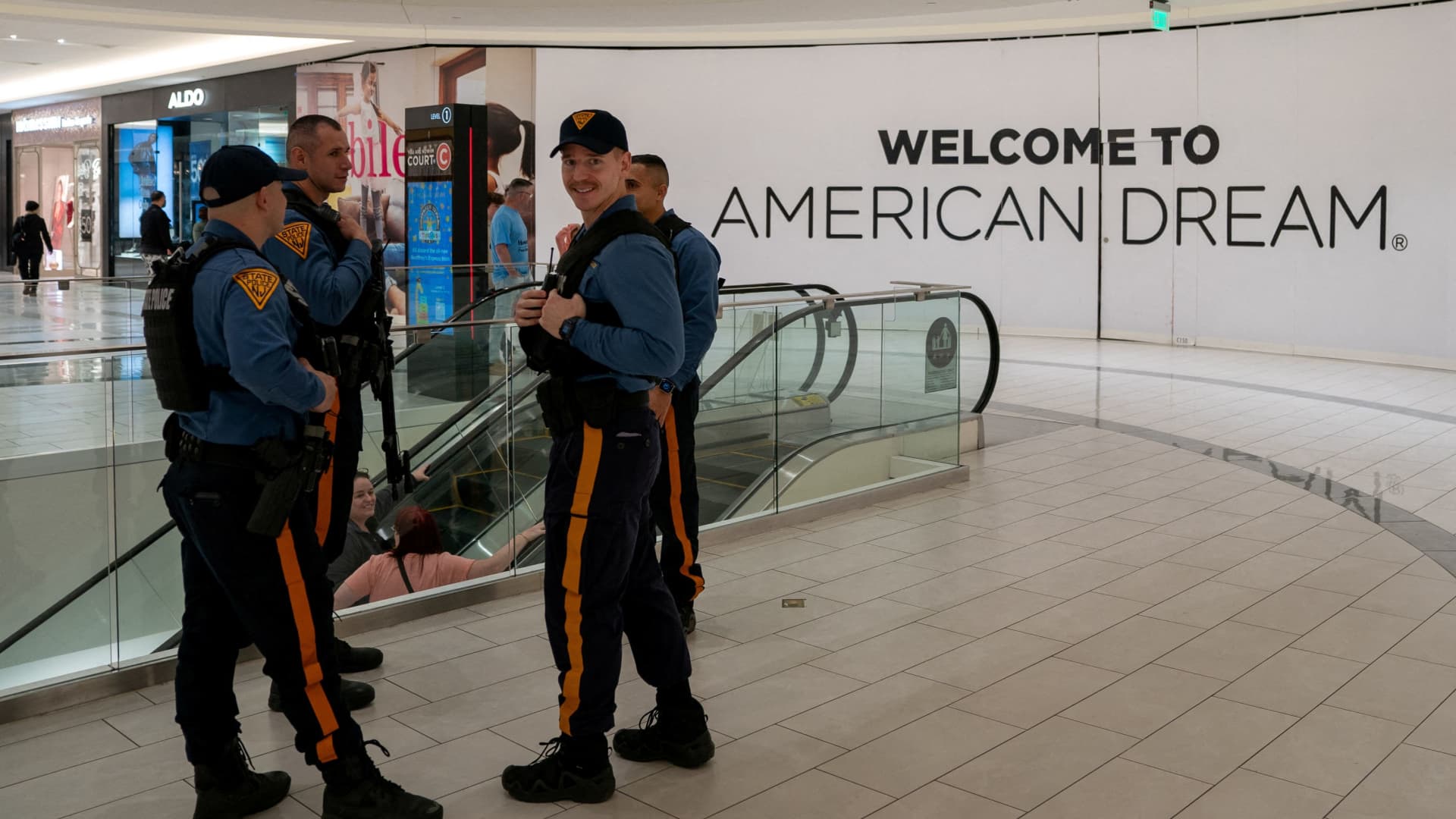 New Jersey State Police patrol the American Dream Mall in East Rutherford, New Jersey, after a bomb scare, Nov. 24, 2023.