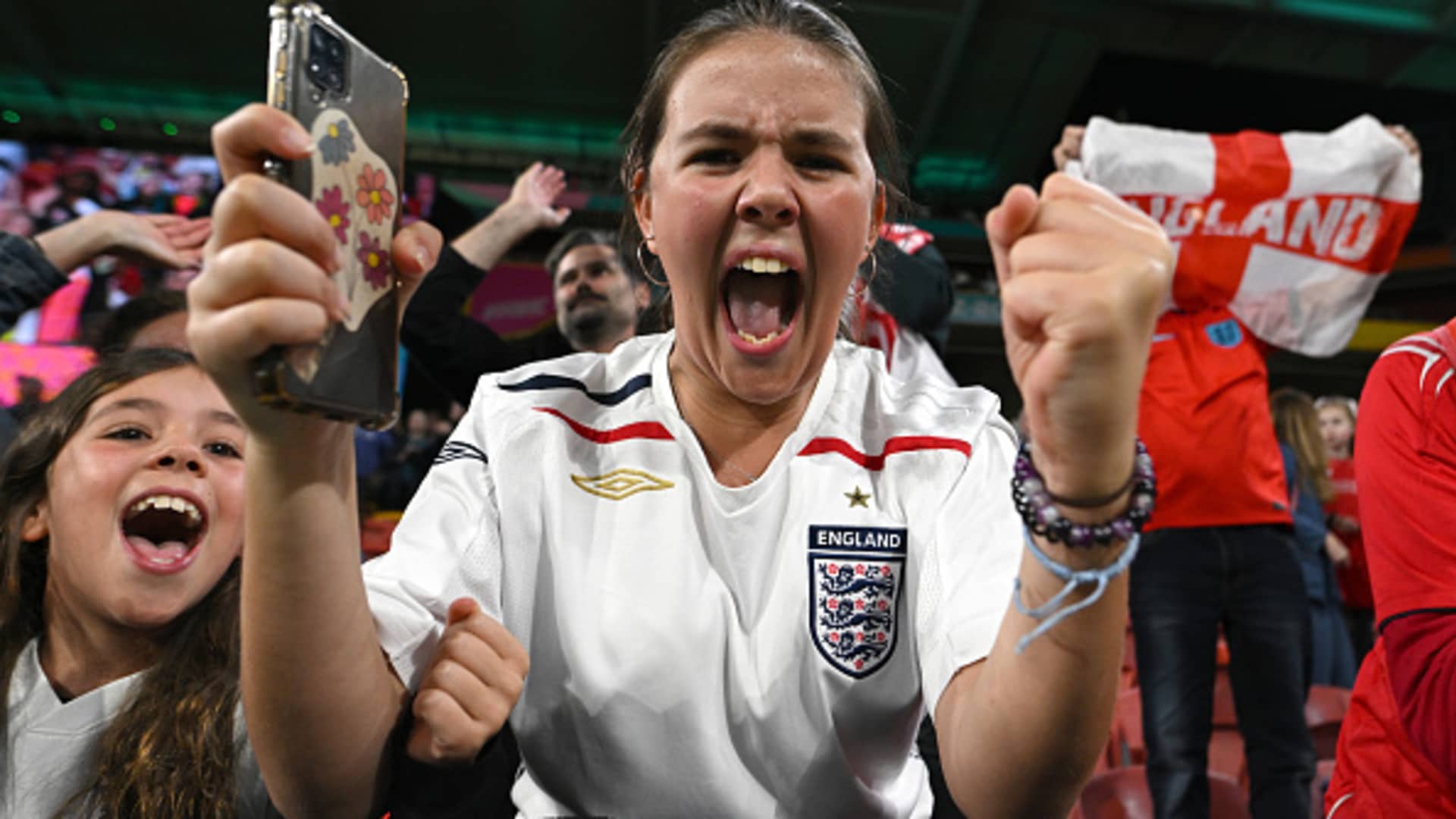 England fans celebrate in Brisbane, Australia at the FIFA Women's World Cup on Aug. 07, 2023.