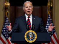 U.S. President Joe Biden speaks about efforts to strengthen United States supply chains that effect economic and national security, during the first meeting of the new White House Council on Supply Chain Resilience, in the Indian Treaty Room of the Eisenhower Executive Office Building at the White House complex in Washington, U.S., November 27, 2023.
