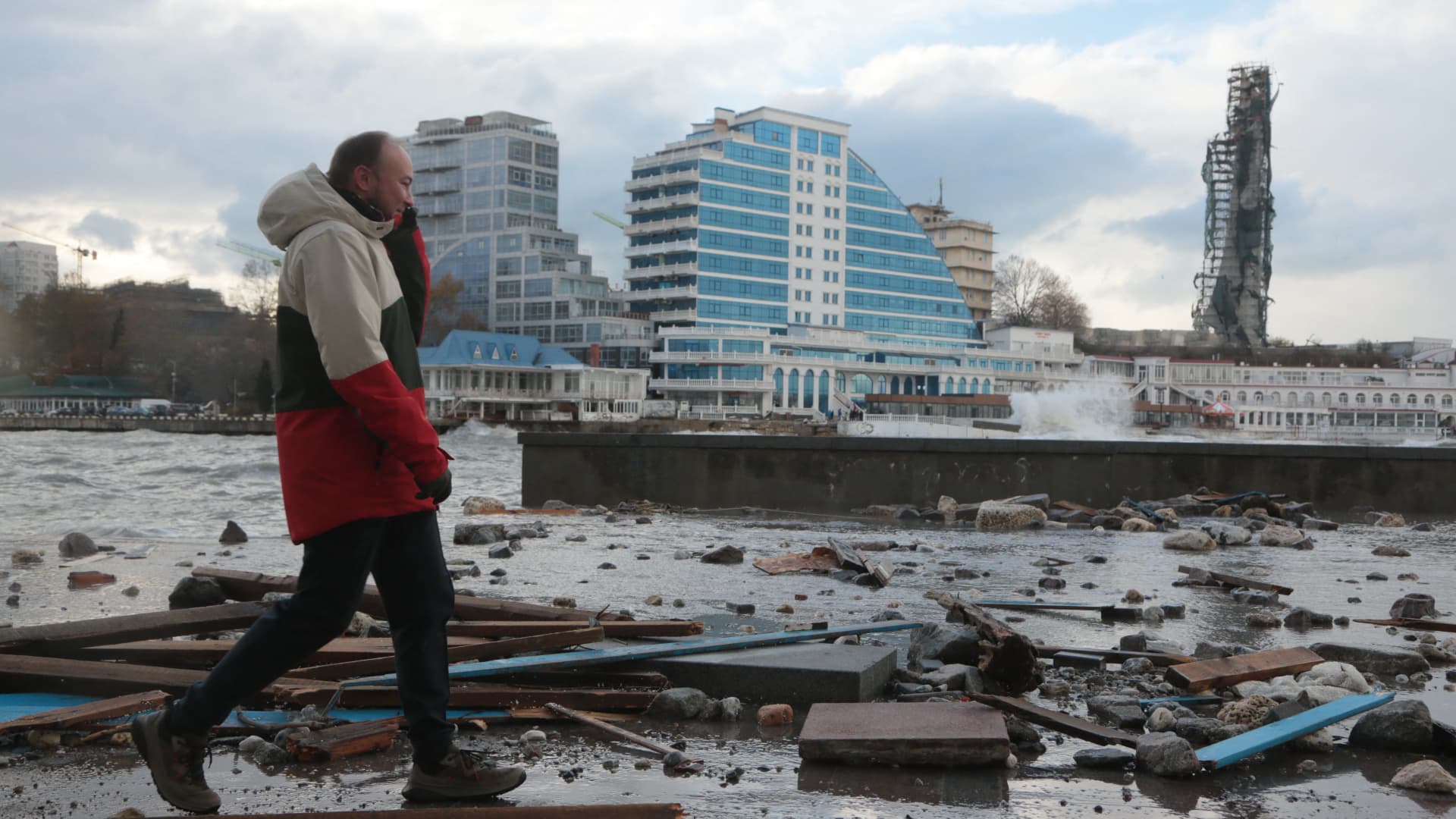 A picture shows damage at a storm-hit seafront in Crimea's largest city of Sevastopol on November 27, 2023. (Photo by STRINGER / AFP) (Photo by STRINGER/AFP via Getty Images)