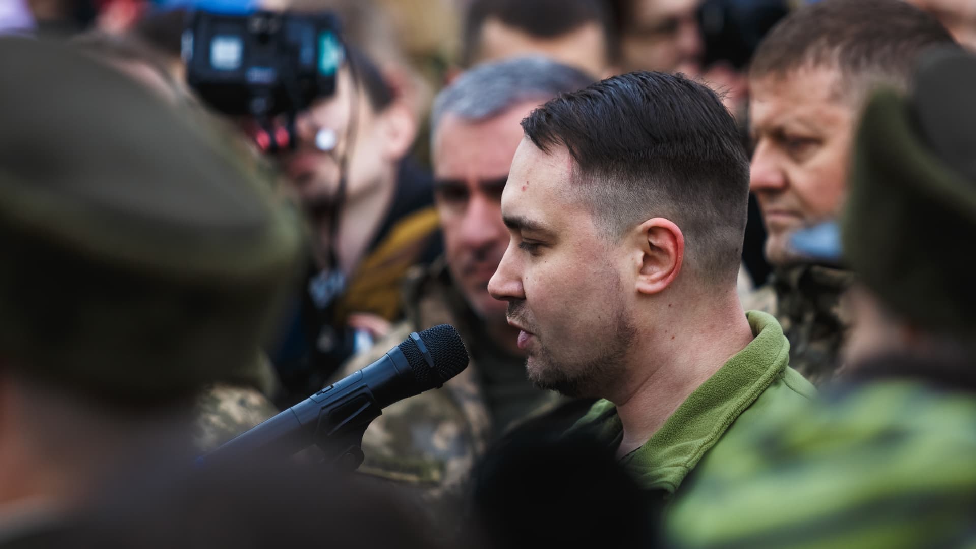 Kyrylo Budanov, chief of the Main Directorate of Intelligence of Ukraine, speaks during the farewell ceremony for Dmytro Kotsiubailo on Independence Square on March 10, 2023, in Kyiv, Ukraine.