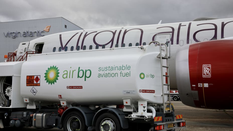 Flight100, Virgin Atlantic's world first 100% Sustainable Aviation Fuel (SAF) transatlantic flight by a commercial airline is fuelled ahead of its take off from London Heathrow to New York JFK on Tuesday 28 November 2023.